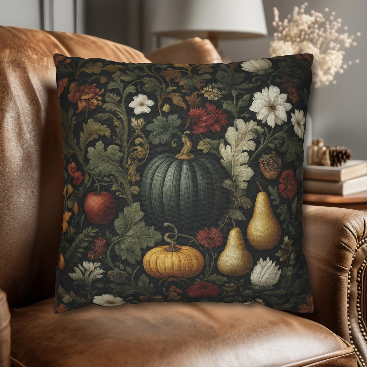 William Morris Inspired Pillow Cover: Midnight Harvest with Pumpkins, Pears & Florals