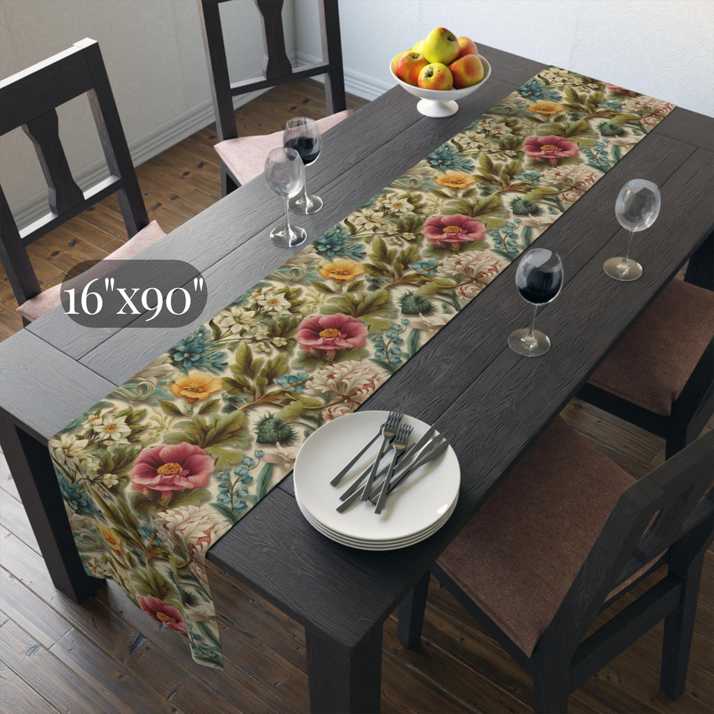 Watercolor Pastel Floral Table Runner:  Botanical Spring Garden Sage Pink Blue