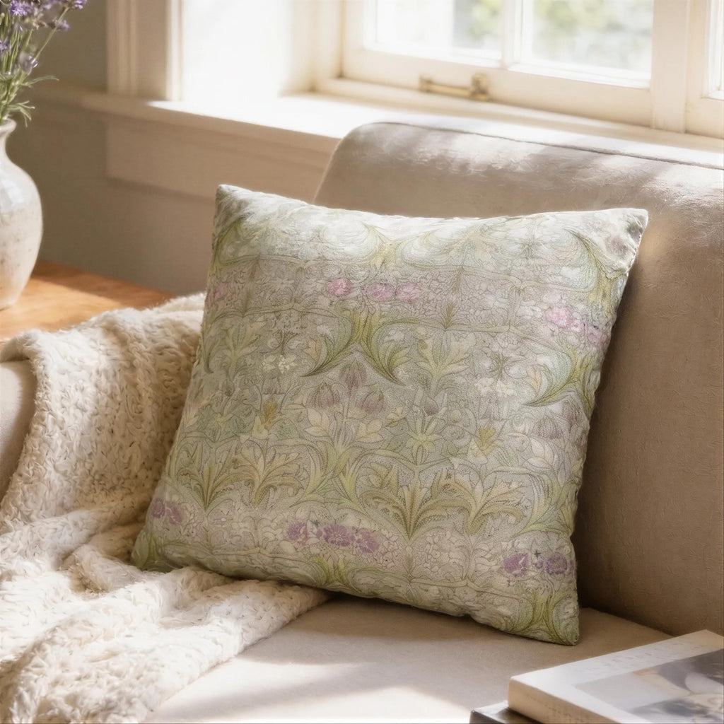 William Morris inspired Throw Pillow Cover: Soft Sage Botanical with Muted Lavender