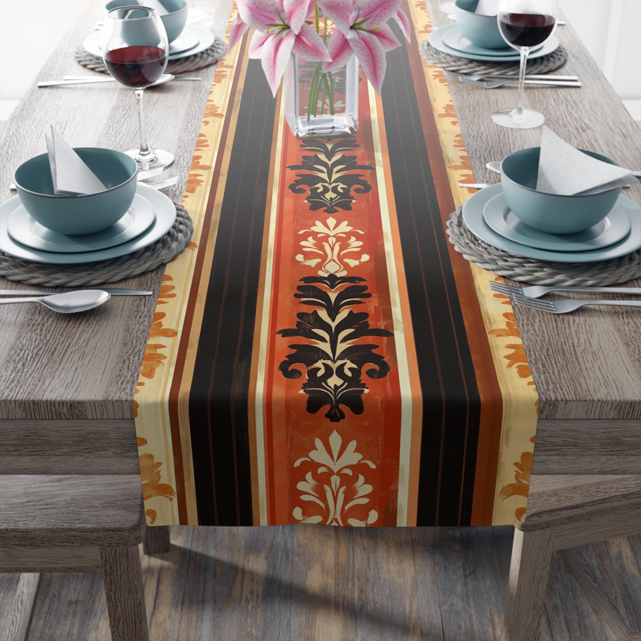 Table Runner: Pumpkin Spice Stripes with Damask - Fall Decor