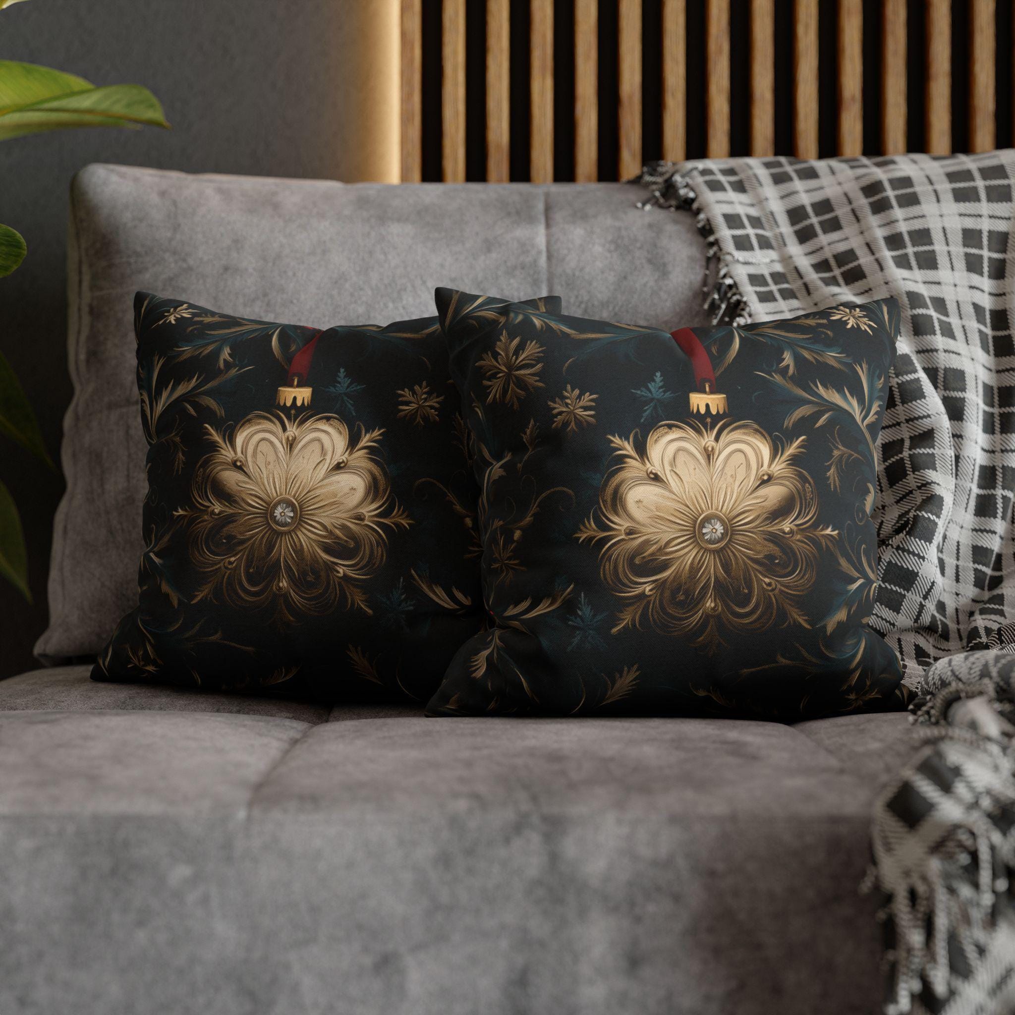 Elegant Navy & Gold Christmas Pillow Cover with Red Berries