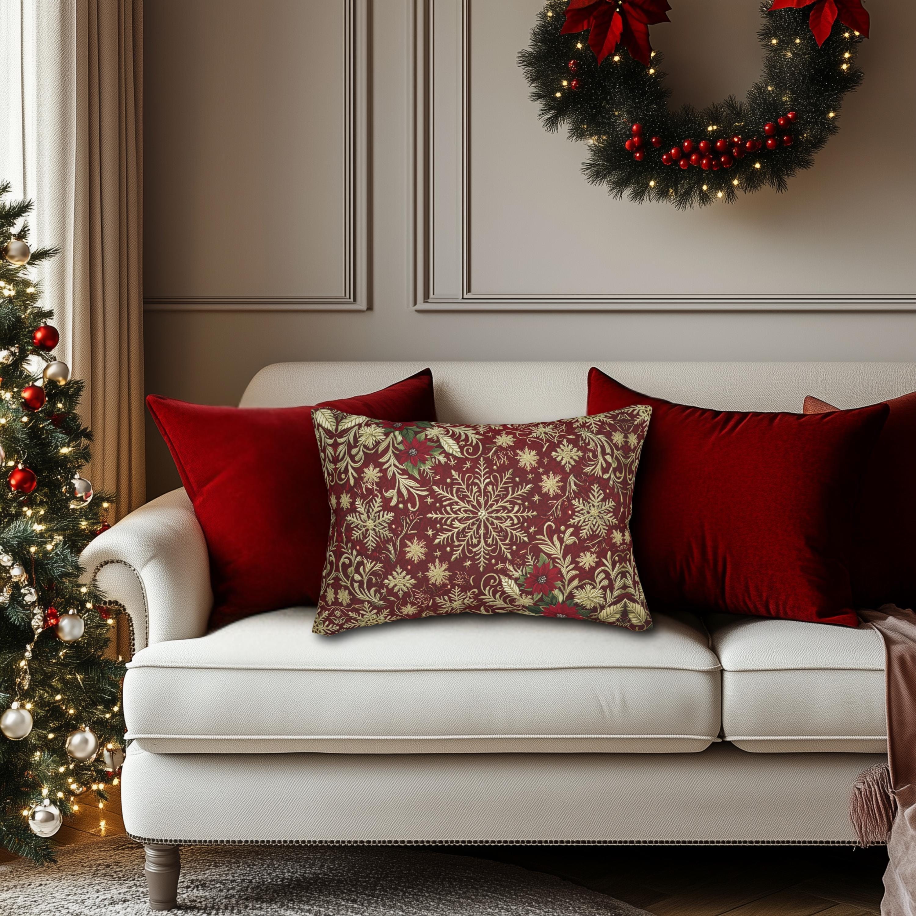 Christmas Snowflake Lumbar Pillow: Crimson Red Antique Gold with Deep Green Accents