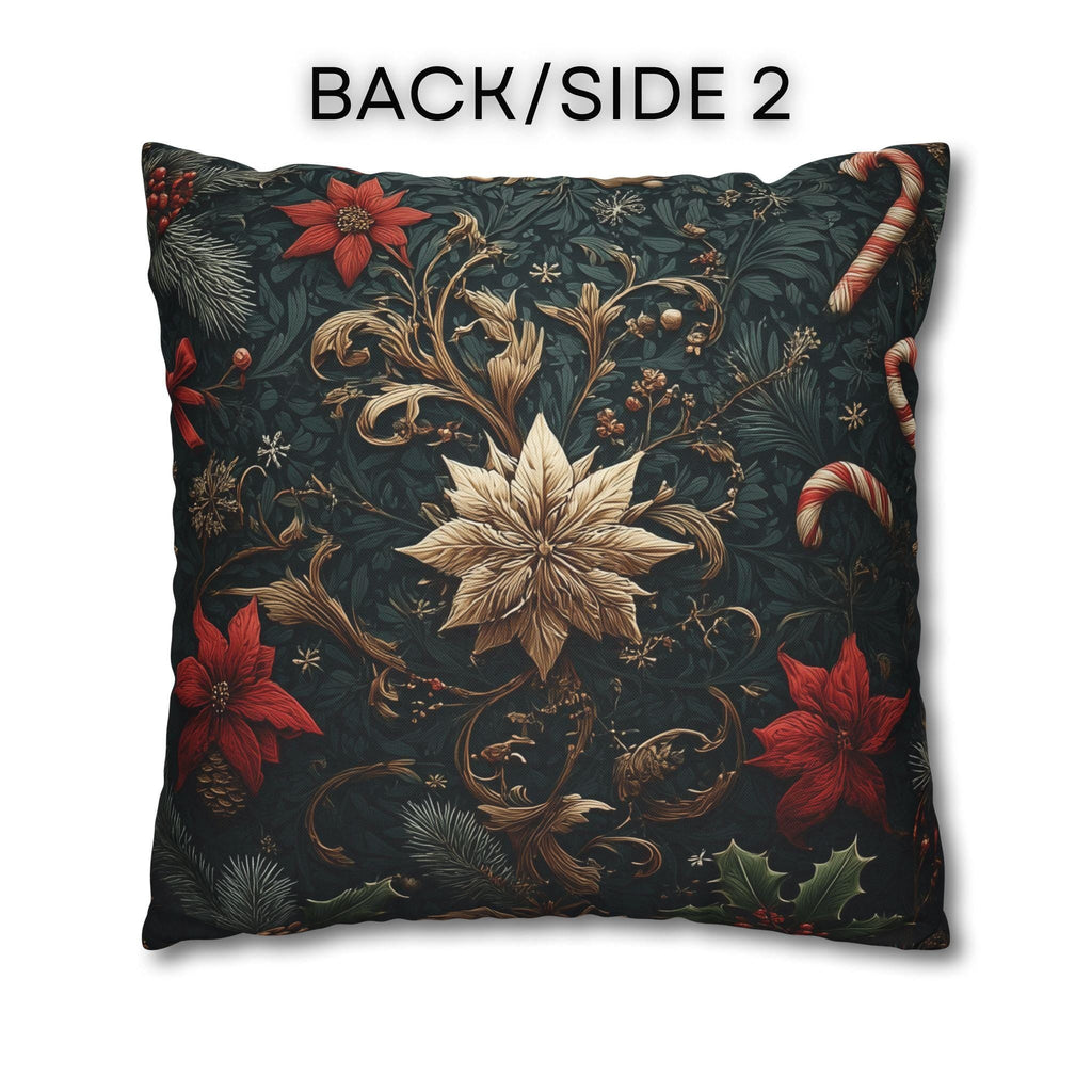 Dark Botanical Holiday Pillow Cover: Gold Poinsettia, Red Florals & Candy Canes on Deep Pine