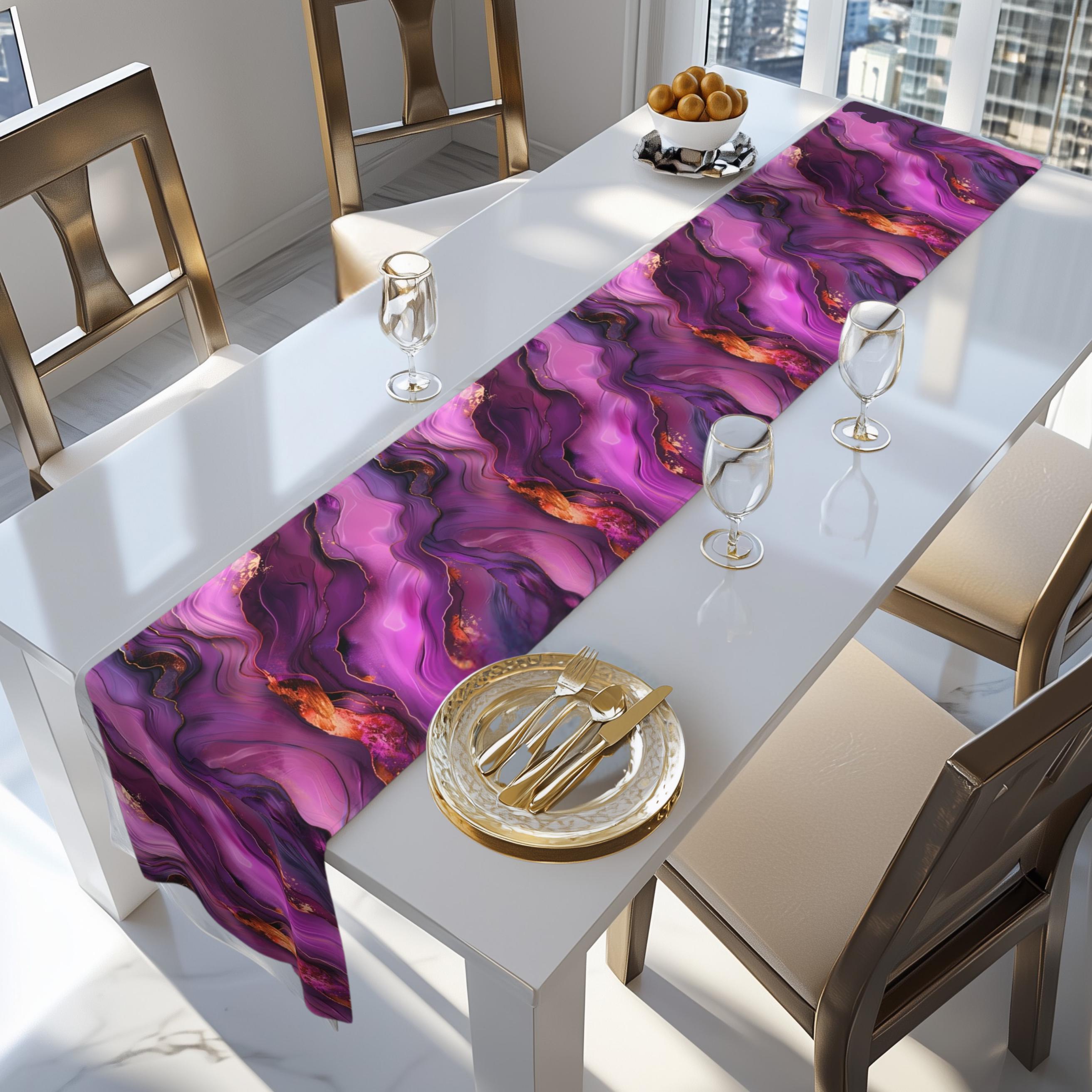 Abstract Plum Table Runner: Waves of Amethyst with Copper Fire Colored Accents