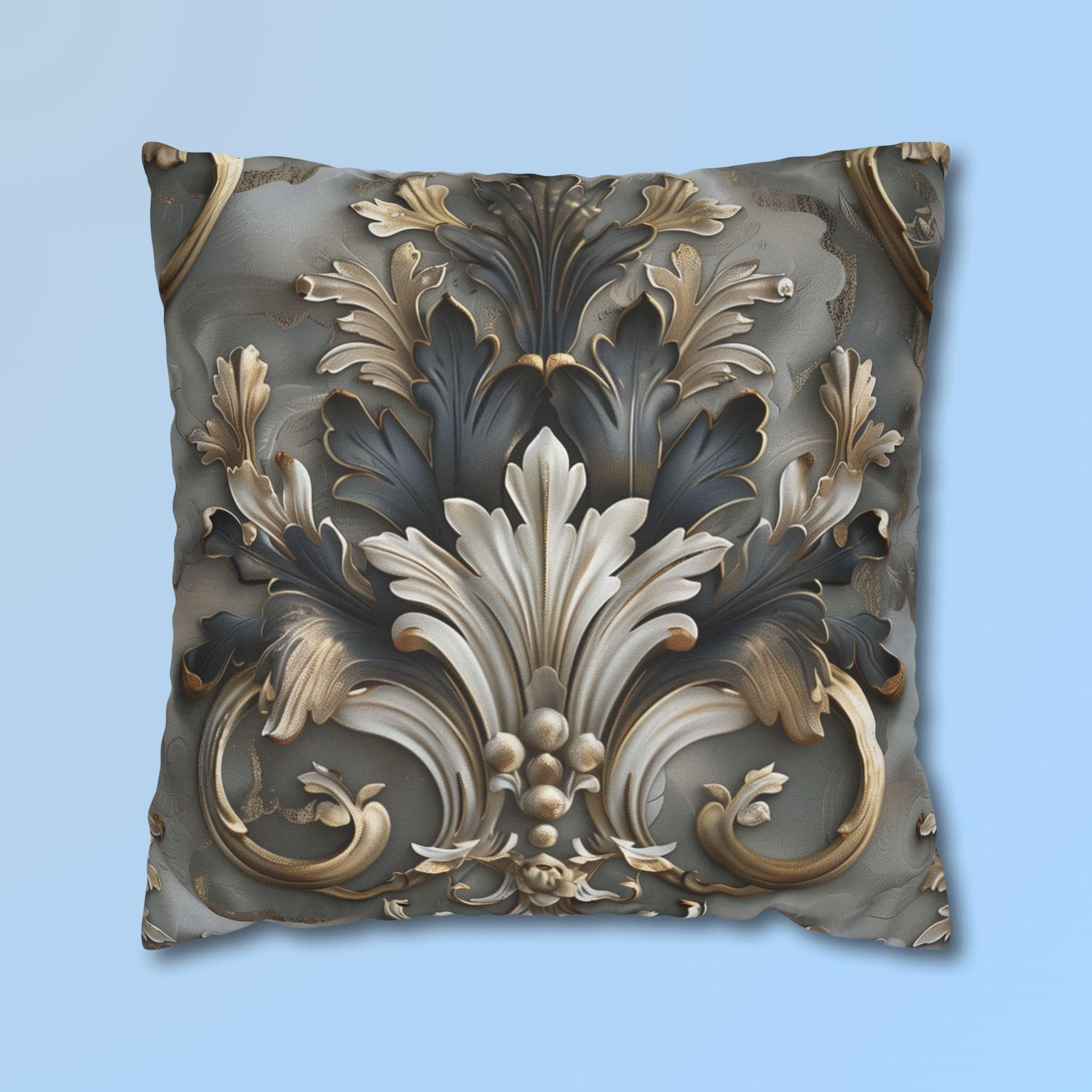 Baroque Pillow Cover: Ornate Gray, Gold, and Black Floral Design