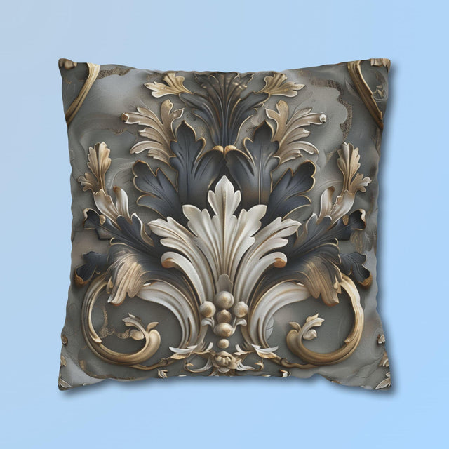 Baroque Pillow Cover: Ornate Gray, Gold, and Black Floral Design