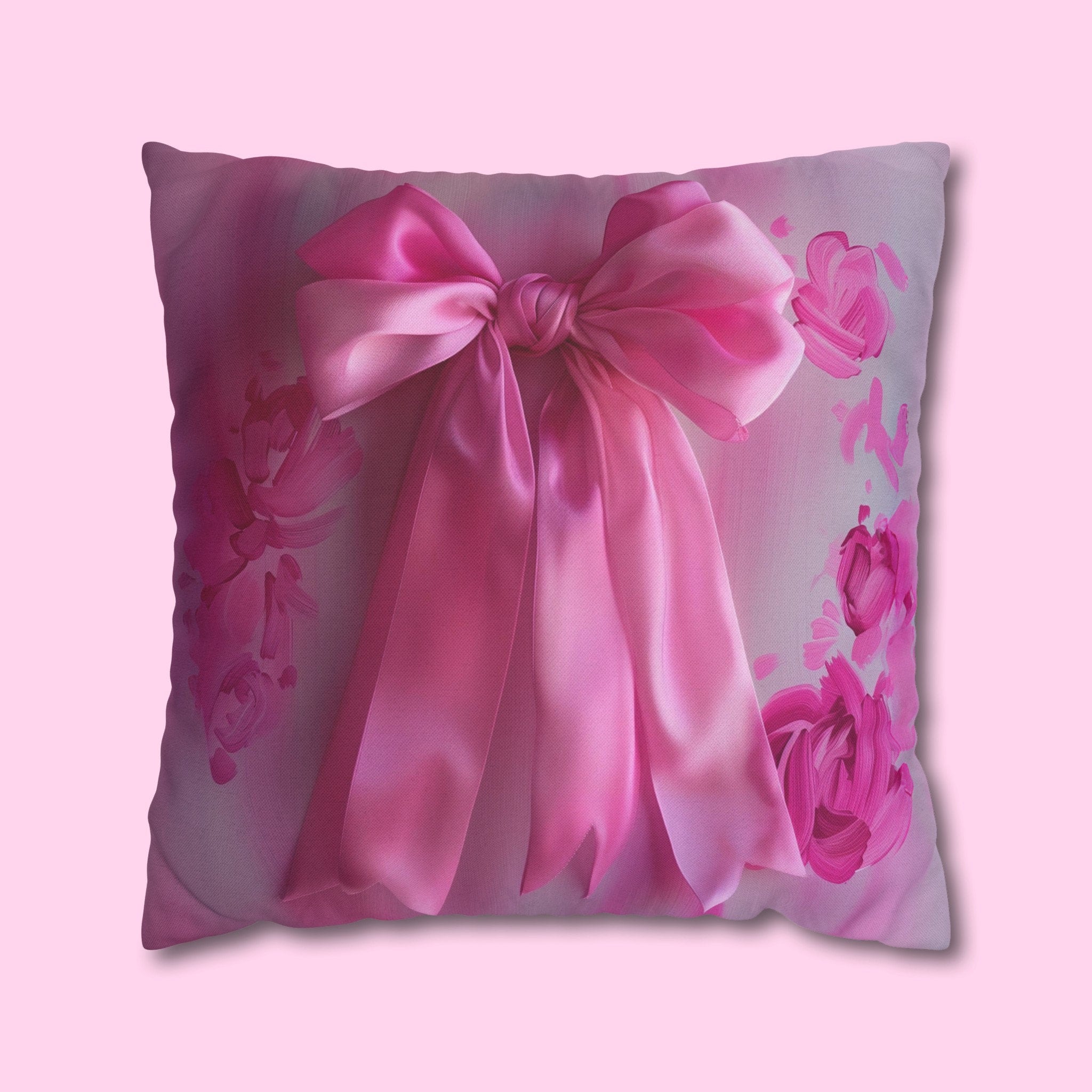 Romantic Coquette Pillow Cover: Pink Satin Bow Image & Floral Accents for Feminine Bedroom Decor