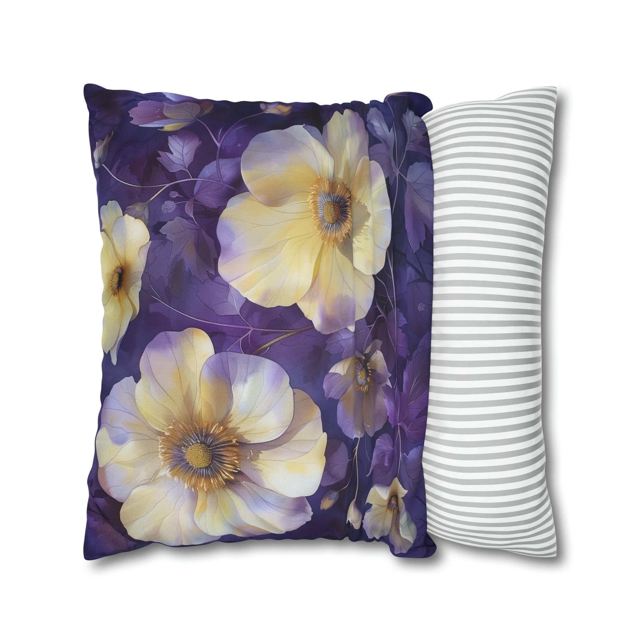 Floral Pillow Cover, Cream Yellow Pansies, Purple Botanical Print