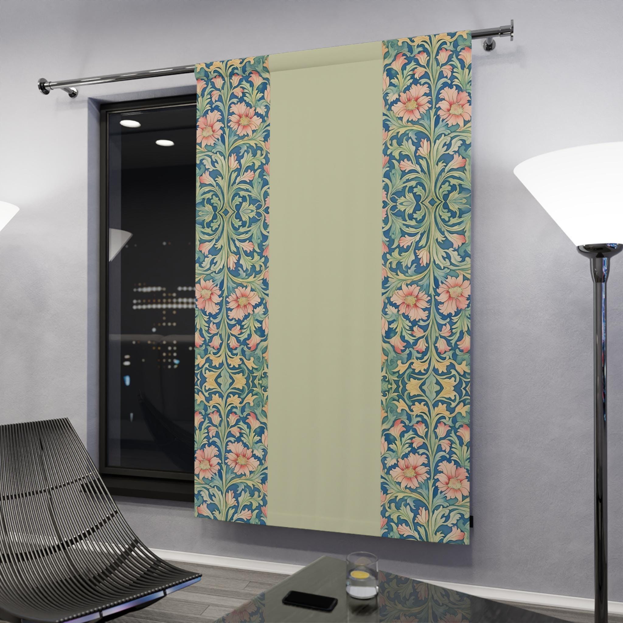 William Morris Pimpernel-Inspired Blackout Panel Curtain: Modern Blue Coral Pink Botanical