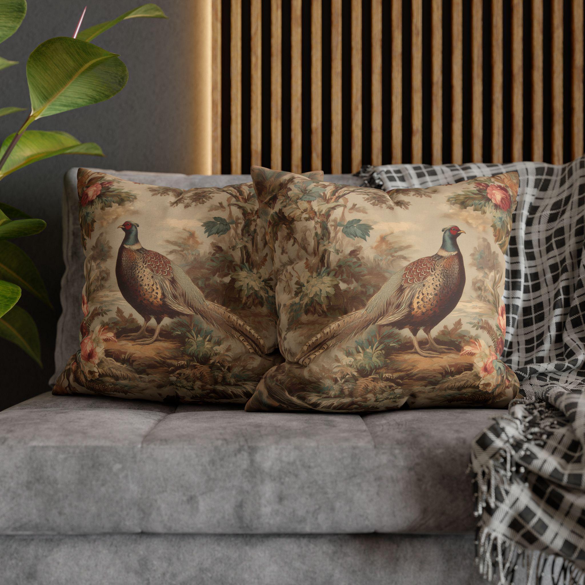 French Country Pheasant Throw Pillow Cover: Vintage Style Toile Bird Design
