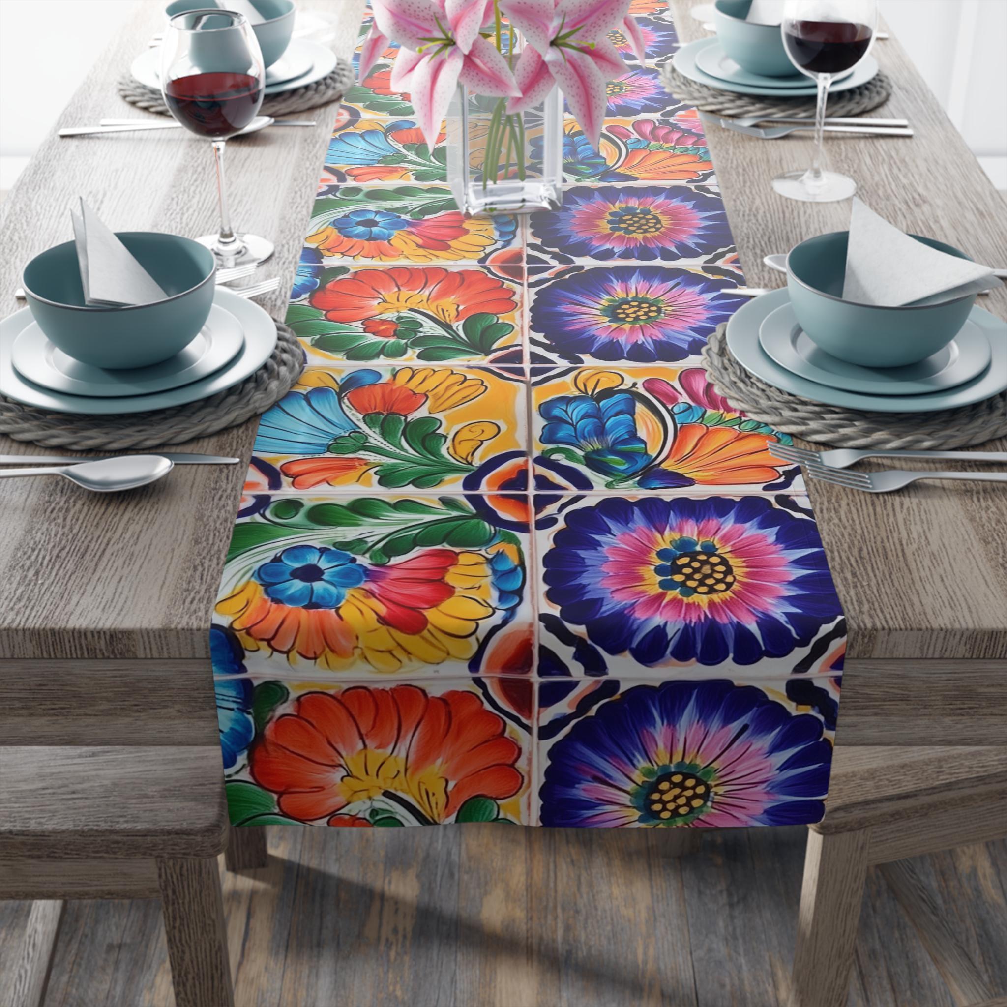 Mexican Table Runner: Colorful Floral Tile Pattern Celebrating the Artistry of Mexico