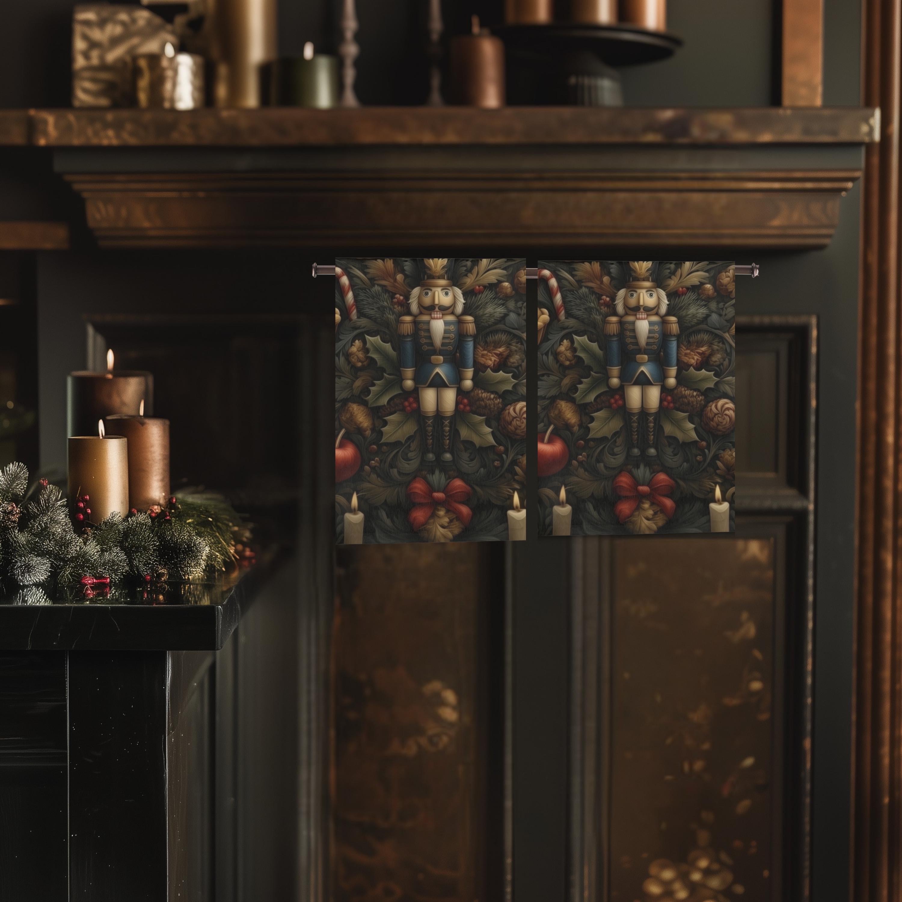 William Morris Christmas Nutcracker Tea Towel: Charcoal Red & Gold Holiday Botanical Kitchen Decor