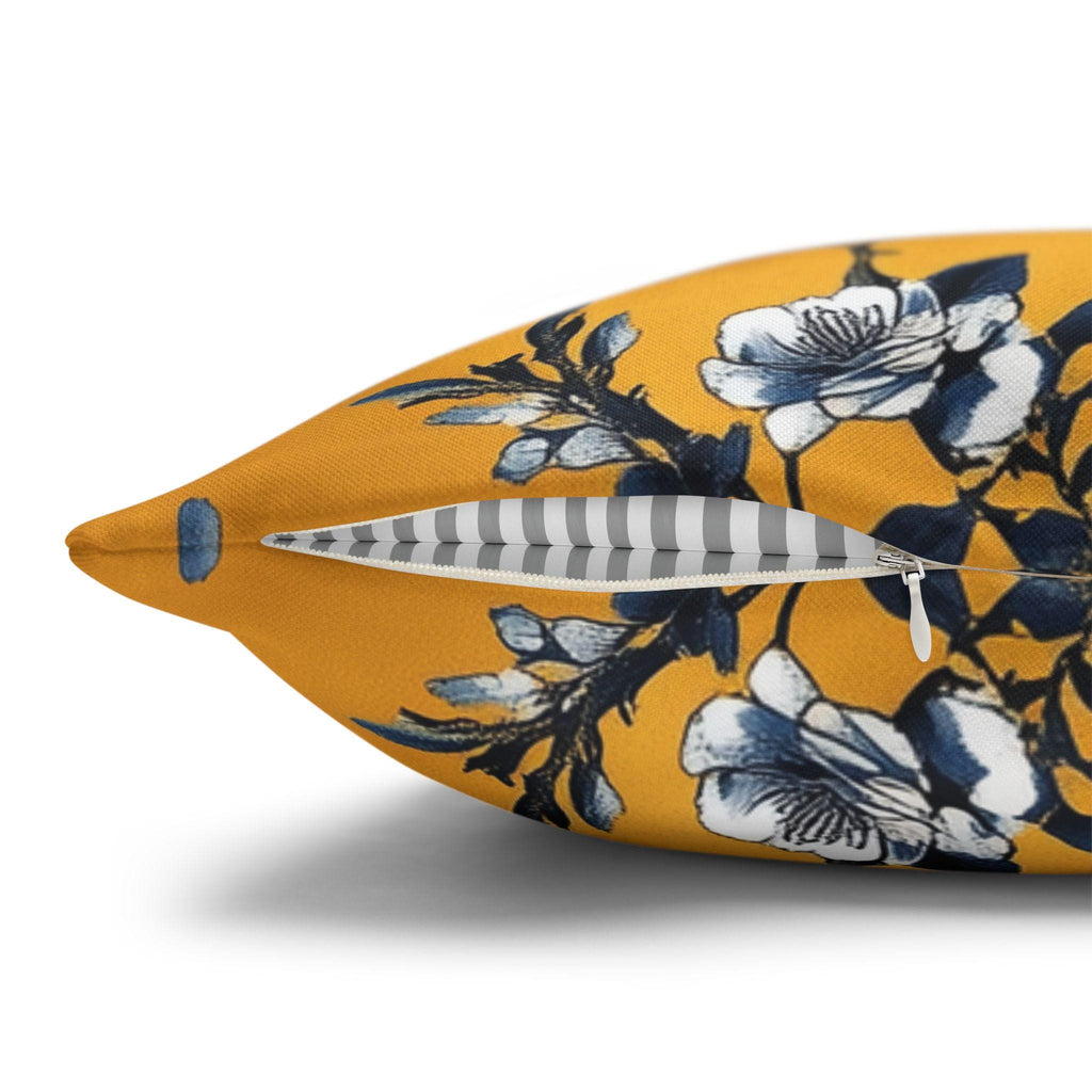 Elegant Chinoiserie Bird Pillow Cover: Golden Yellow & Blue Floral Cushion Case for Eclectic Decor