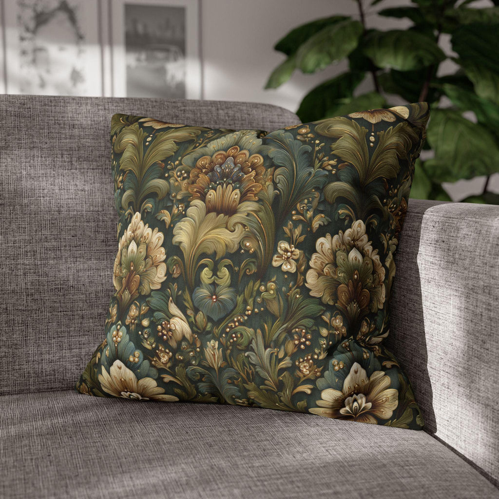 Botanical Damask Throw Pillow Cover: Moody Sage, Teal and Cream Floral