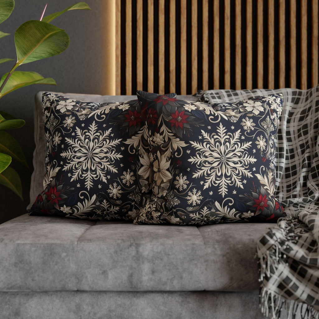 Christmas Snowflake & Poinsettia Pillow Cover: Navy Blue Cream and Garnet Red Cushion Case