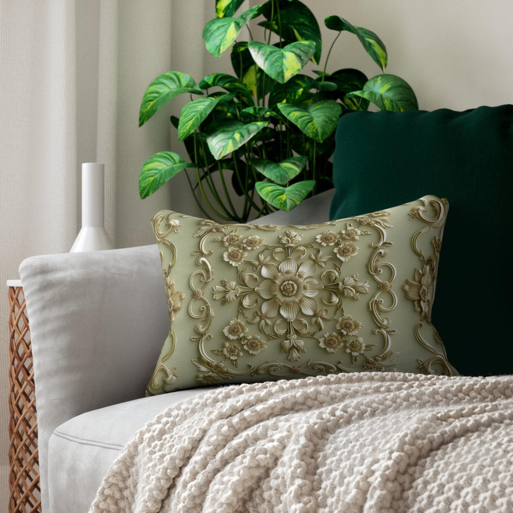 Sage Green French Floral Lumbar Pillow: Elegant Gold Blooms for Luxurious Living Room Decor