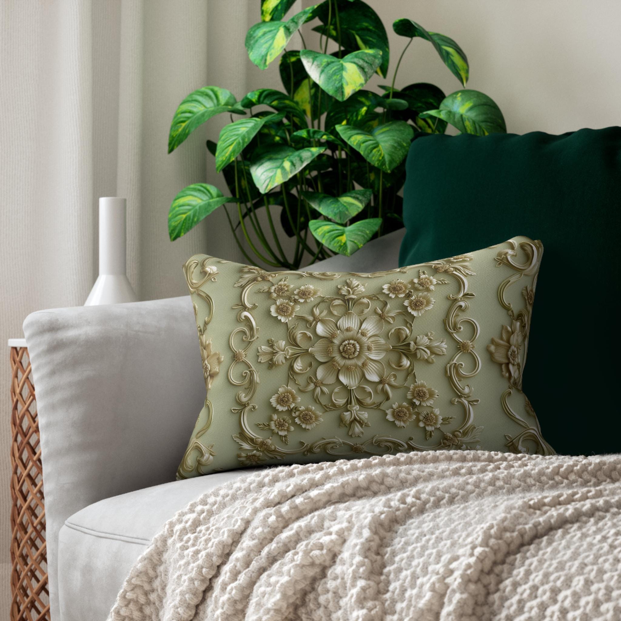 Sage Green French Floral Lumbar Pillow: Elegant Gold Blooms for Luxurious Living Room Decor