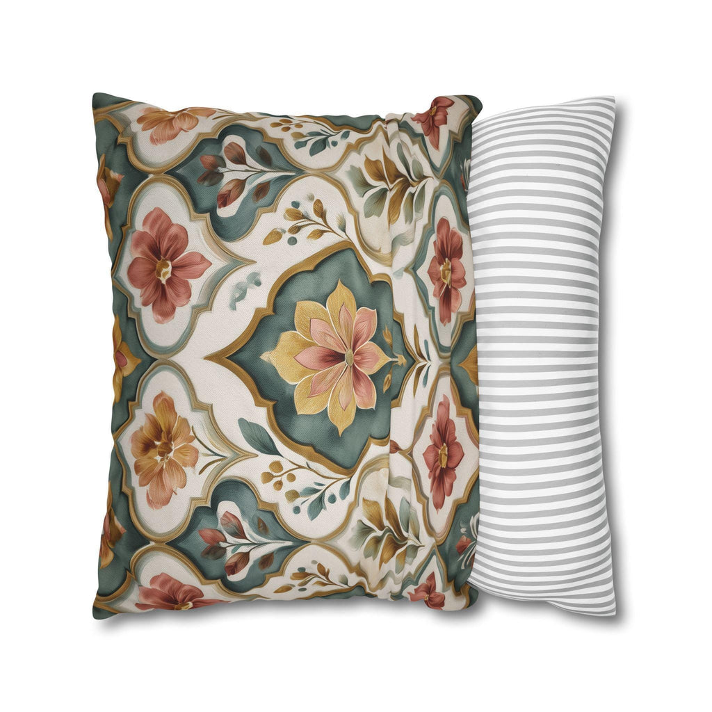 Moroccan Floral Pillow Cover: Teal, Terracotta, Gold Medallion Design