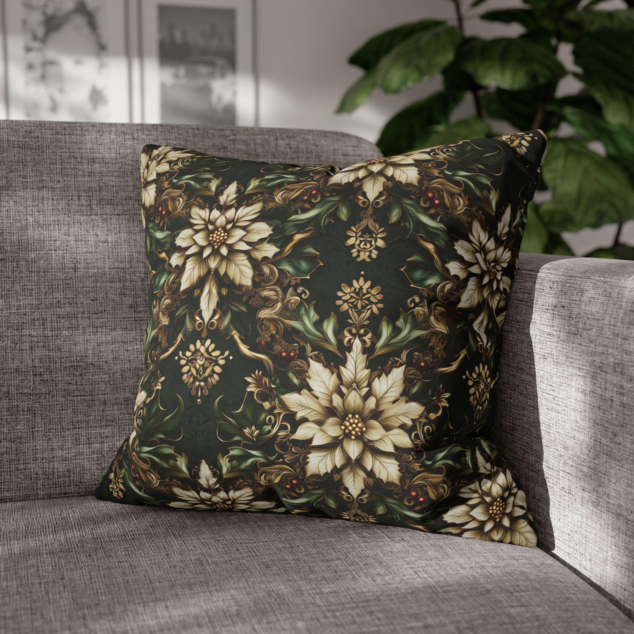Holiday Poinsettia Pillow cover - Festive Christmas Decor Red Green Gold & Creamy Beige