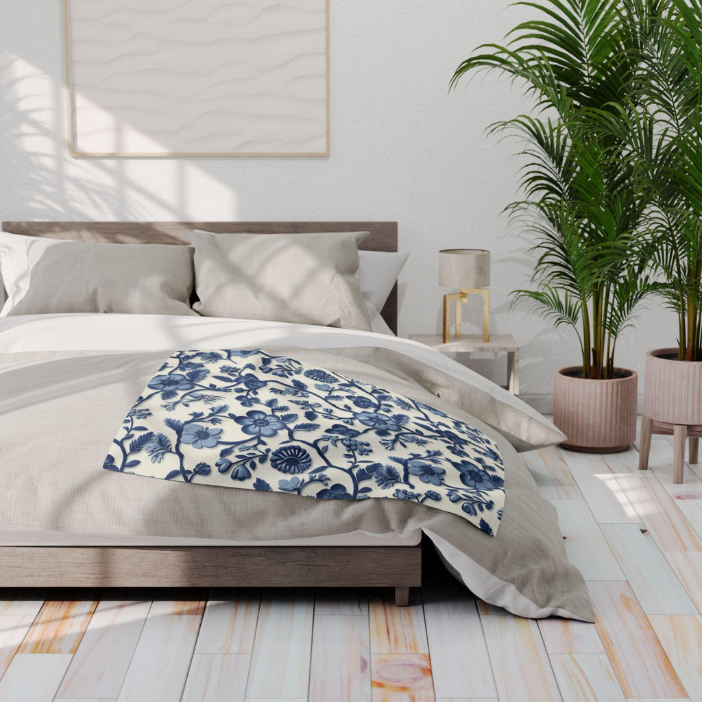 Chinoiserie Fleece Blanket: Blue and White Floral Pottery Pattern