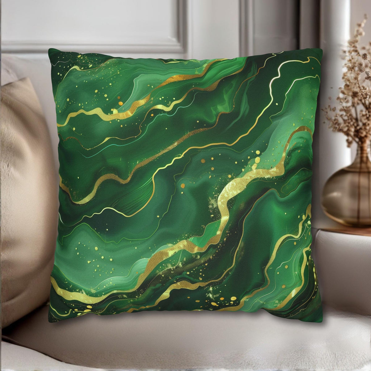 Green Waves Throw Pillow Cover: Emerald  and Deep Green with Gold Accents