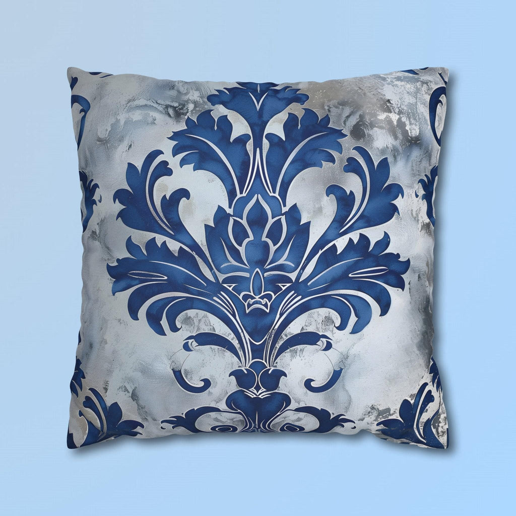 Elegant Royal Blue & Silver Baroque Floral Square Pillow Cover for Upscale Living Room Decor