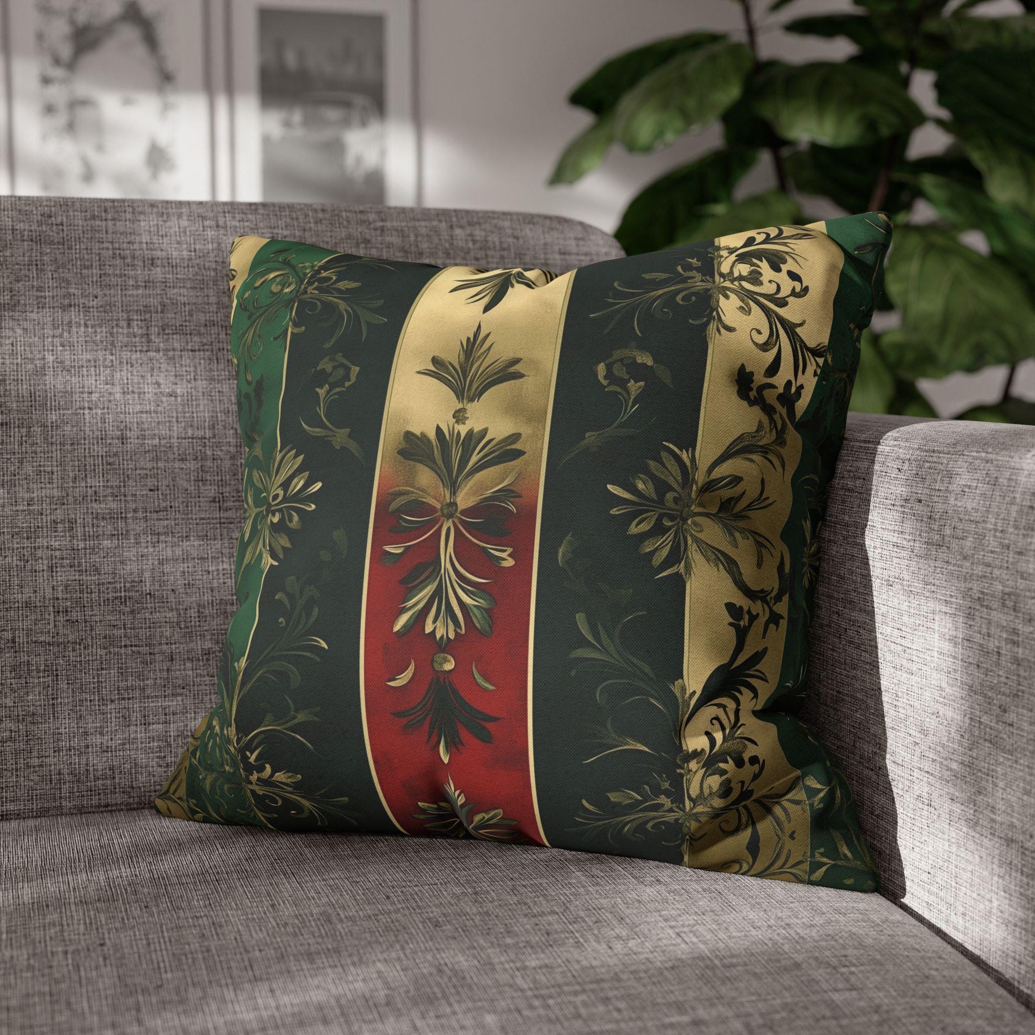Elegant Holiday Striped Pillowcase: Floral Botanical Design, Gold Green Red Decorative Cover