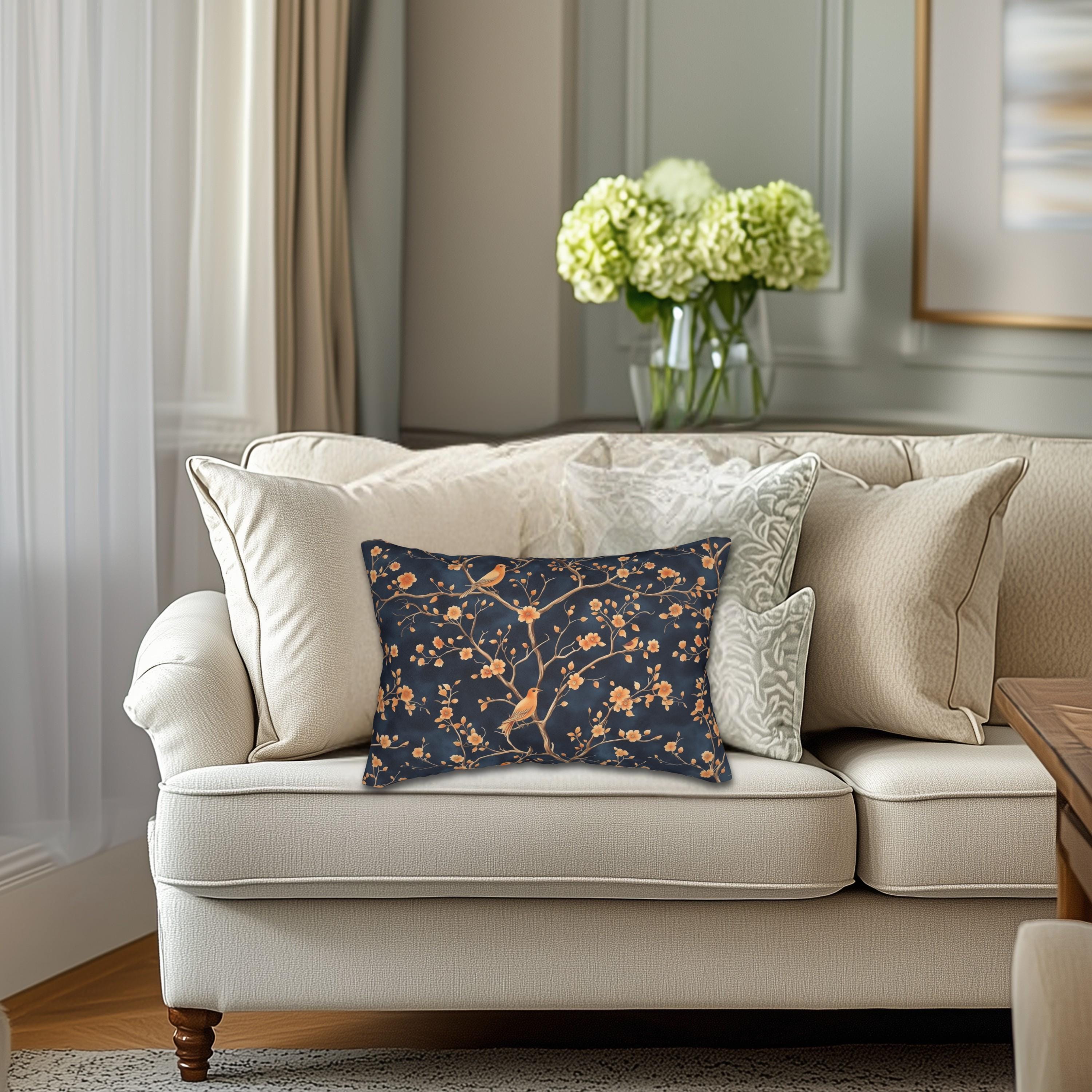 Chinoiserie Bird Blossom Lumbar Pillow: Peach & Chestnut on Navy Blue