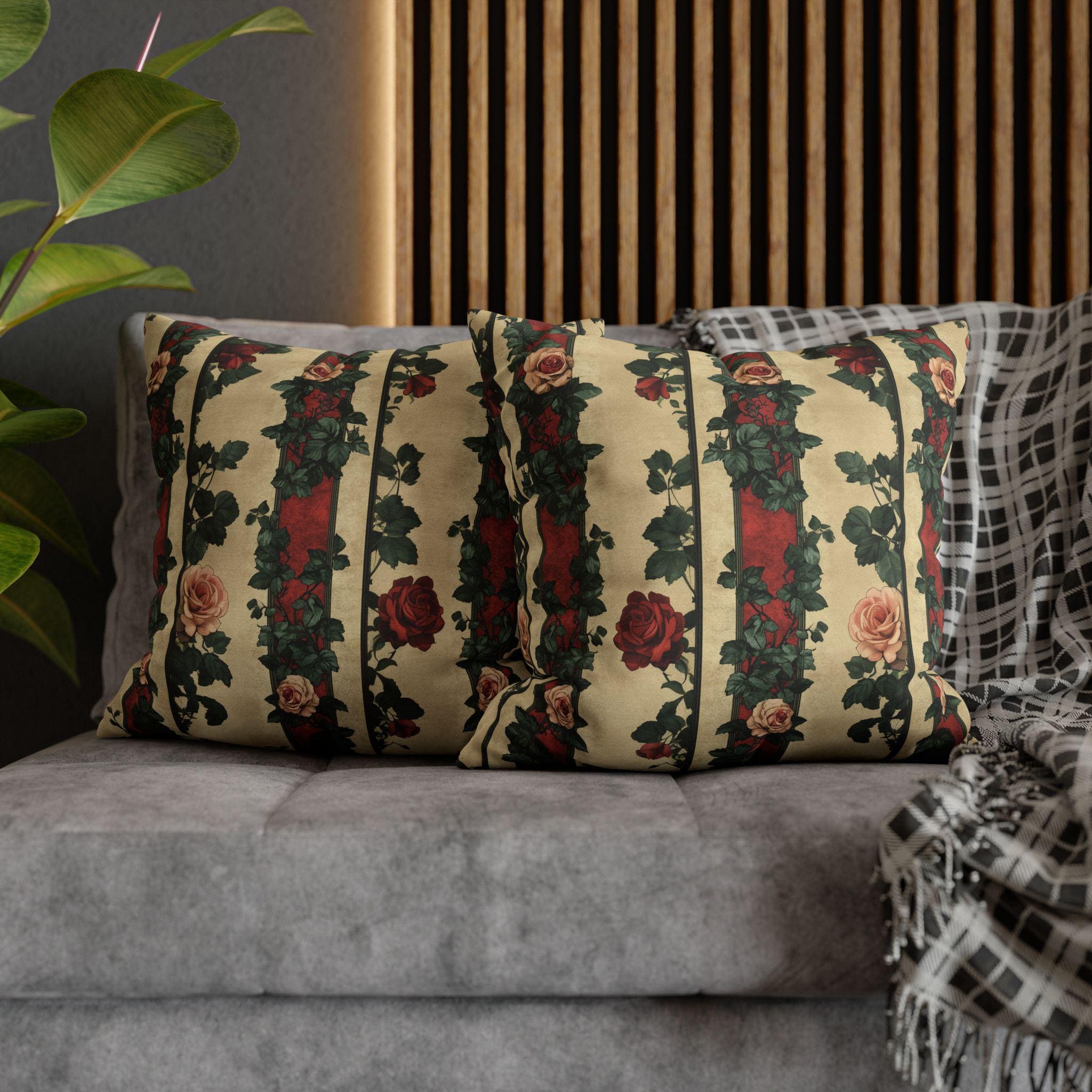 Roses & Stripes Throw Pillow Cover: Vintage Style Romantic Cottagecore Floral