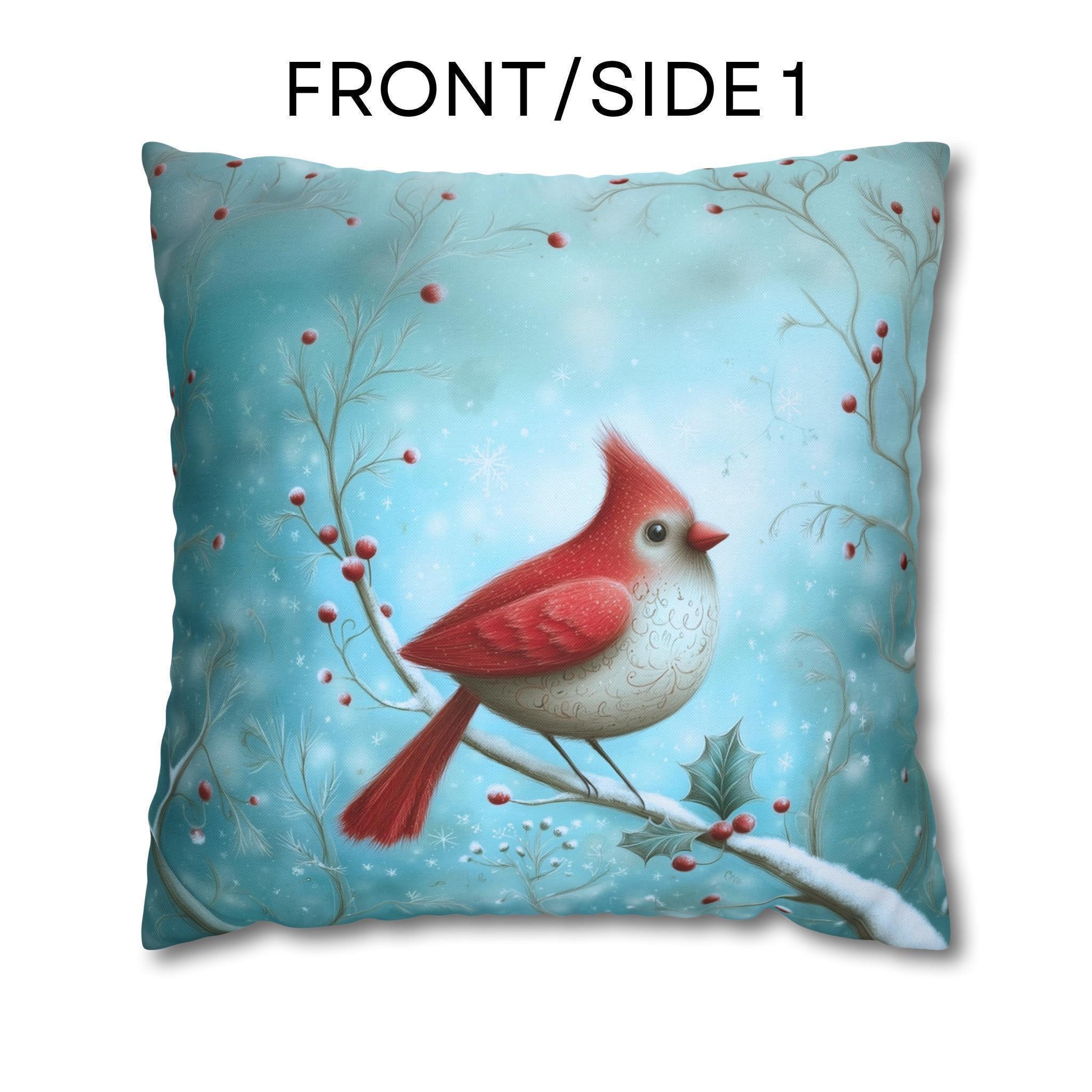 Winter Cardinal Throw Pillow Cover: Frosty Blue Holiday Bird Accent
