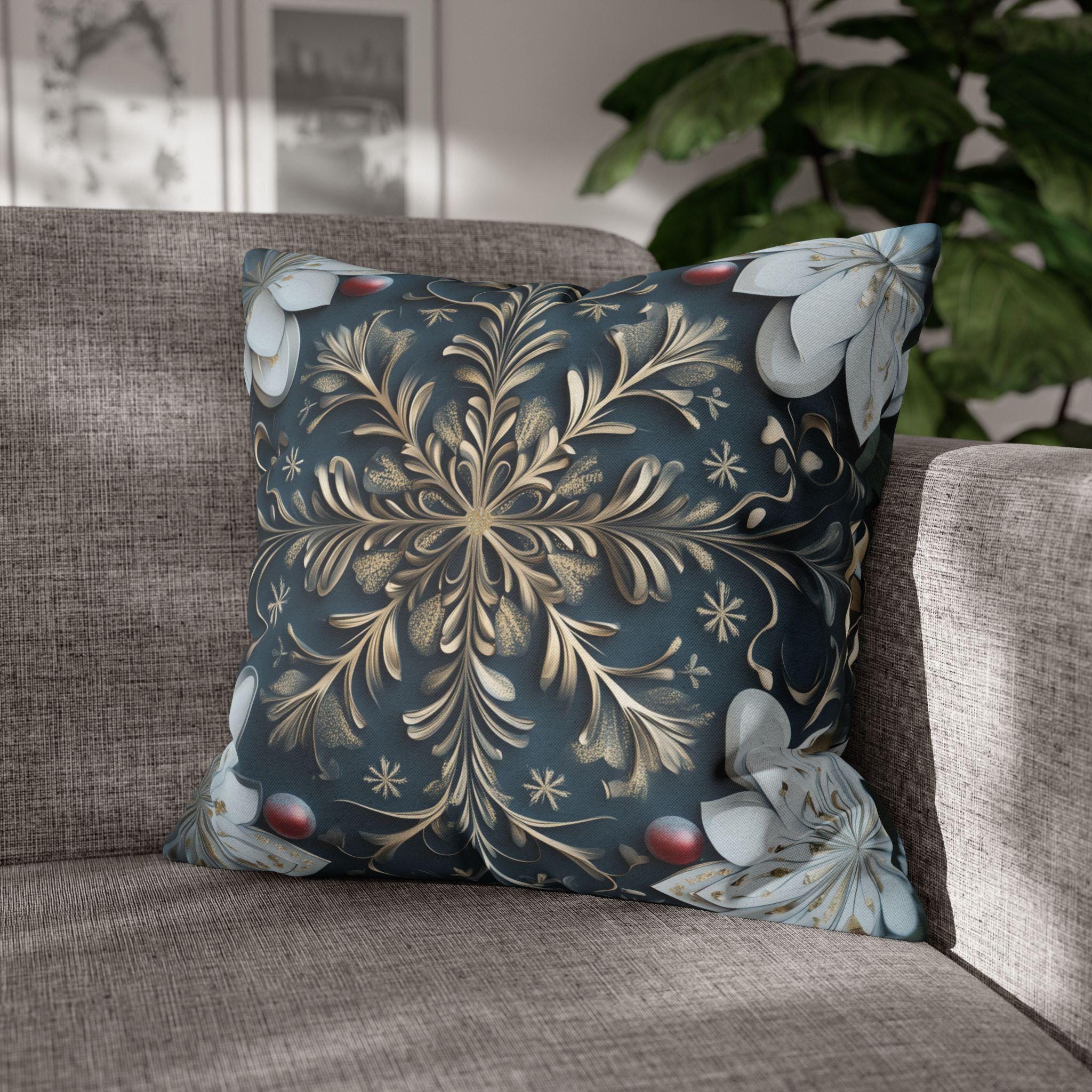 Gold White & Blue Snowflake Square Pillowcase, Elegant Festive Christmas Pillow Cover