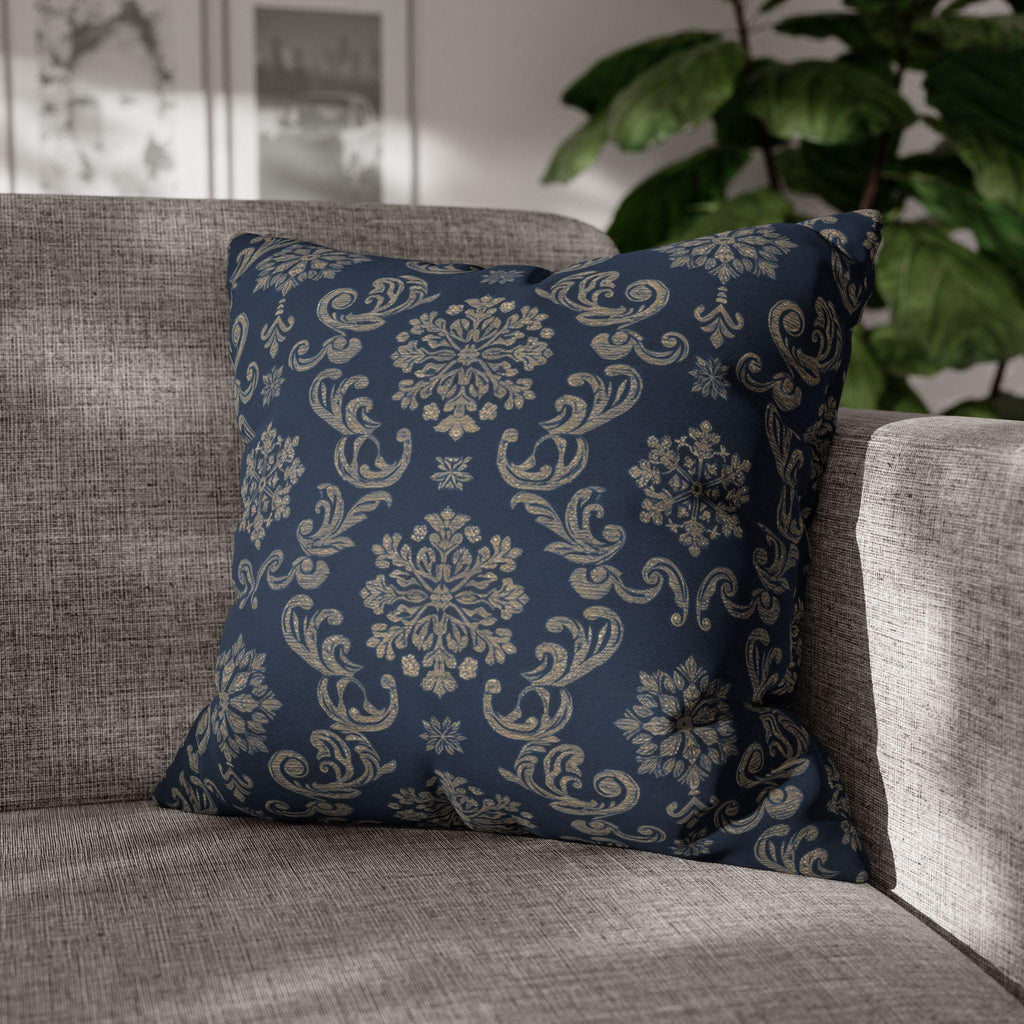 Elegant Silver Snowflake Pillow Cover: Deep Blue Holiday Decor