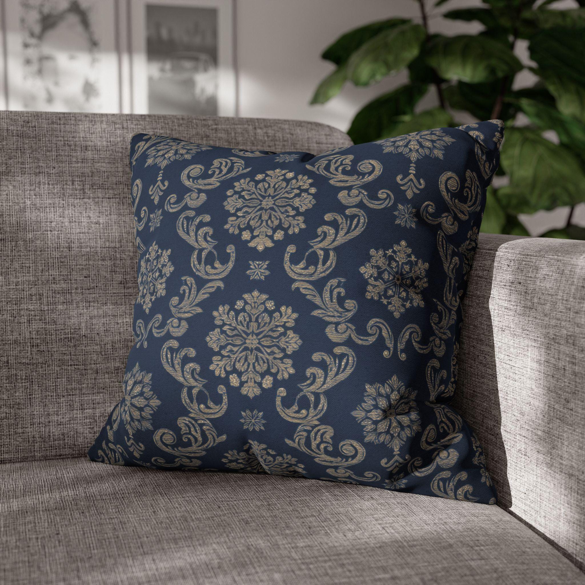 Elegant Silver Snowflake Pillow Cover: Deep Blue Holiday Decor