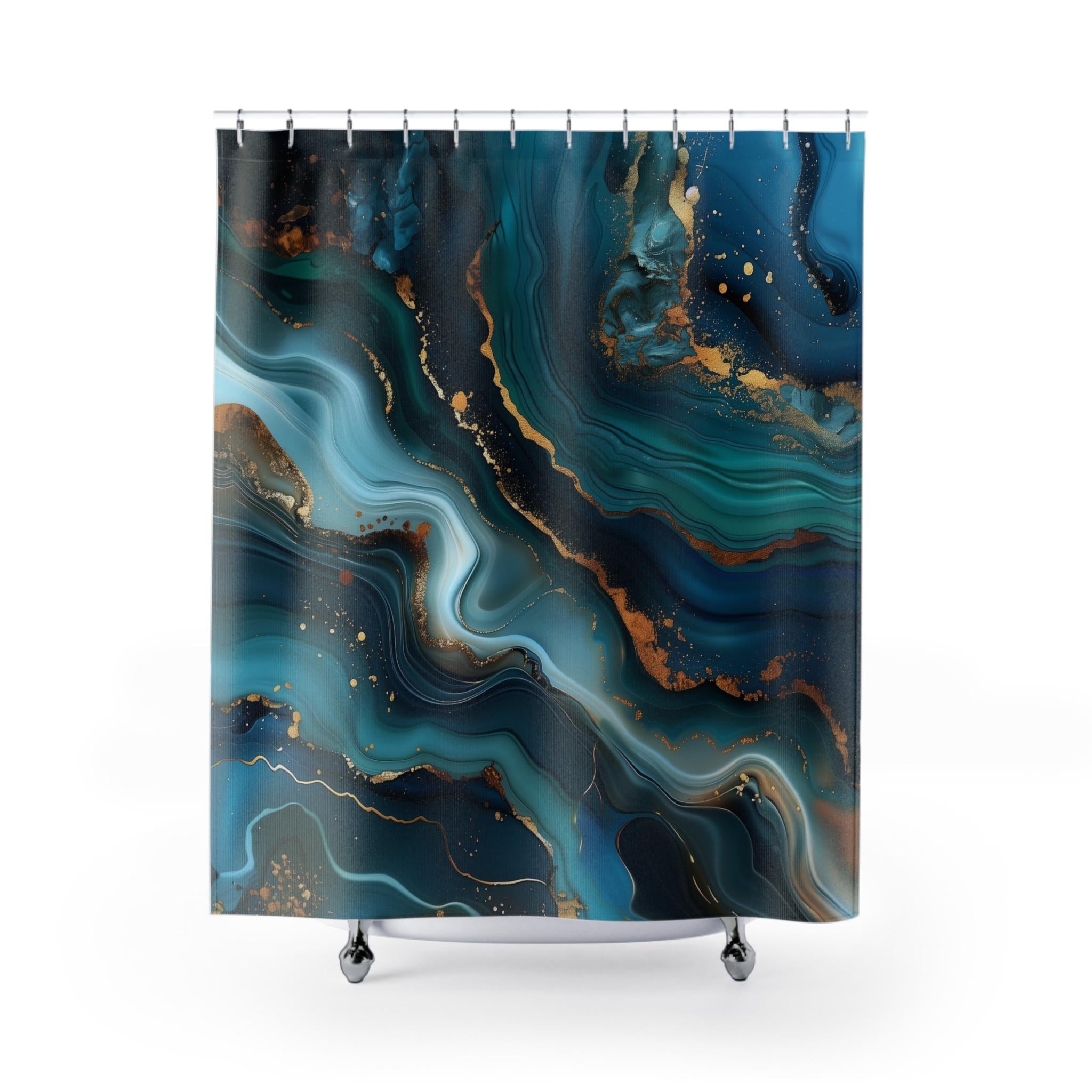 Ocean Wave Shower Curtain: Teal Navy Marble Print with Gold Accents