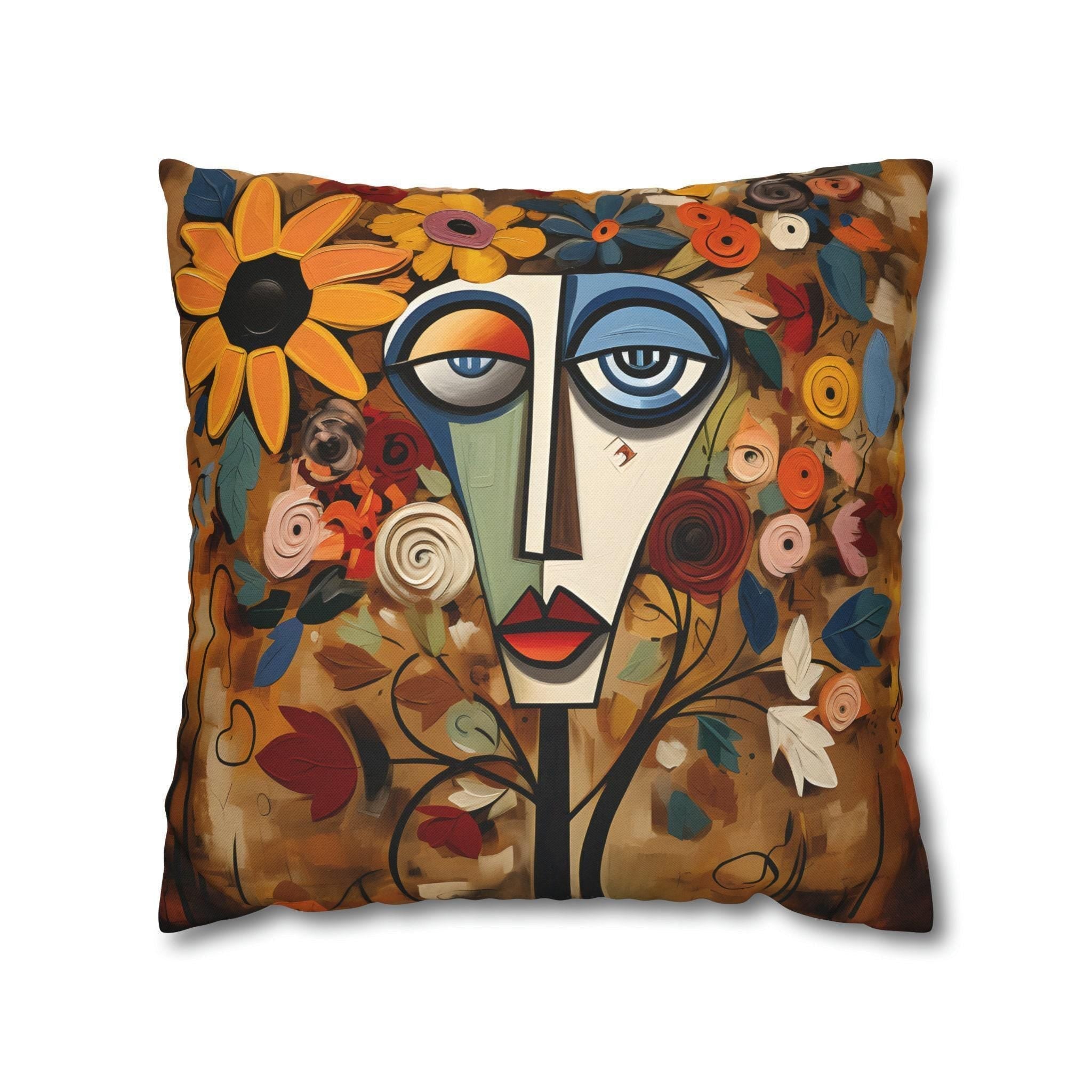 Cubist Wildflower Throw Pillow Cover: Picasso-Inspired Geometric Face Art in Autumn Hues