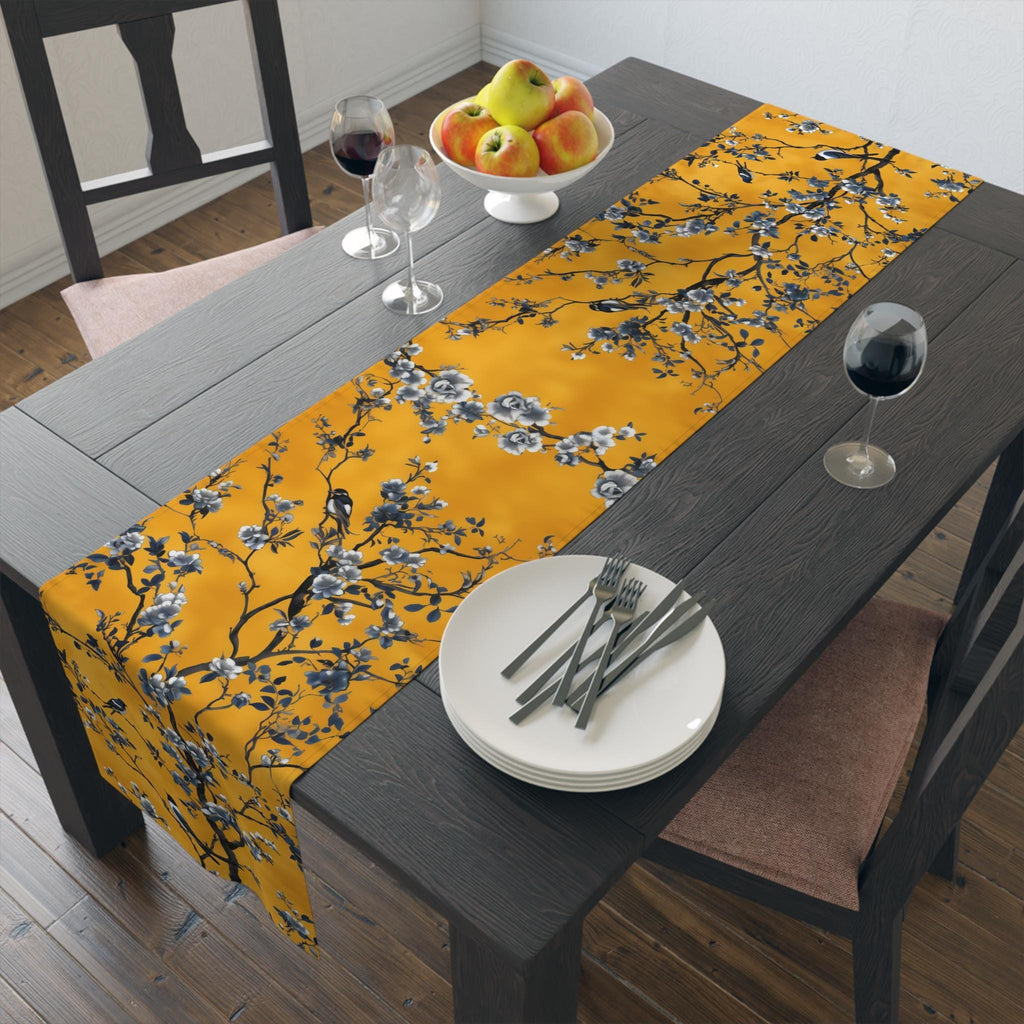 Elegant Chinoiserie Table Runner: Mustard Yellow with Black Birds, Asian-Inspired Dining Decor