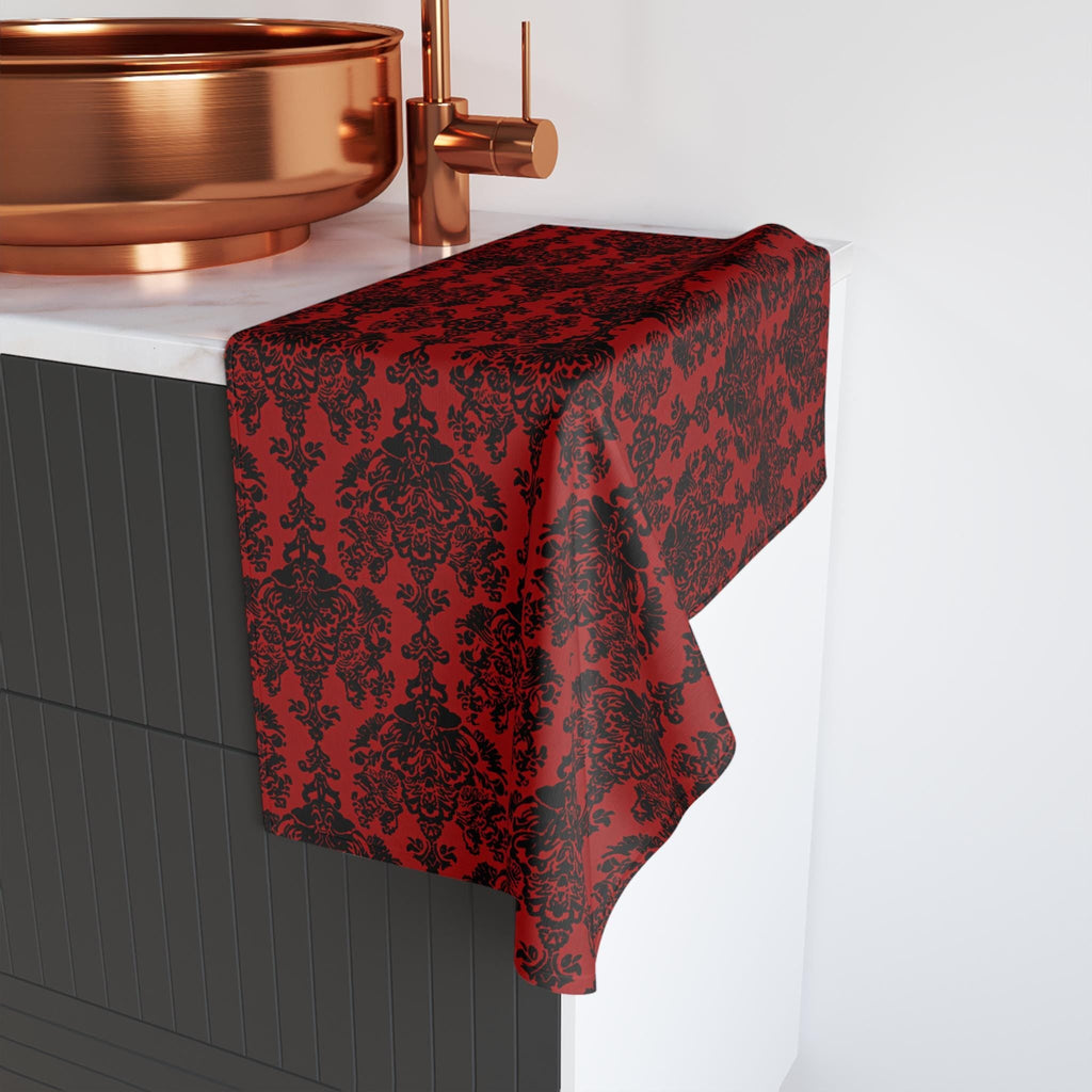 Damask Hand Towel: Black & Crimson Dark Baroque Vampire Gothic Decor