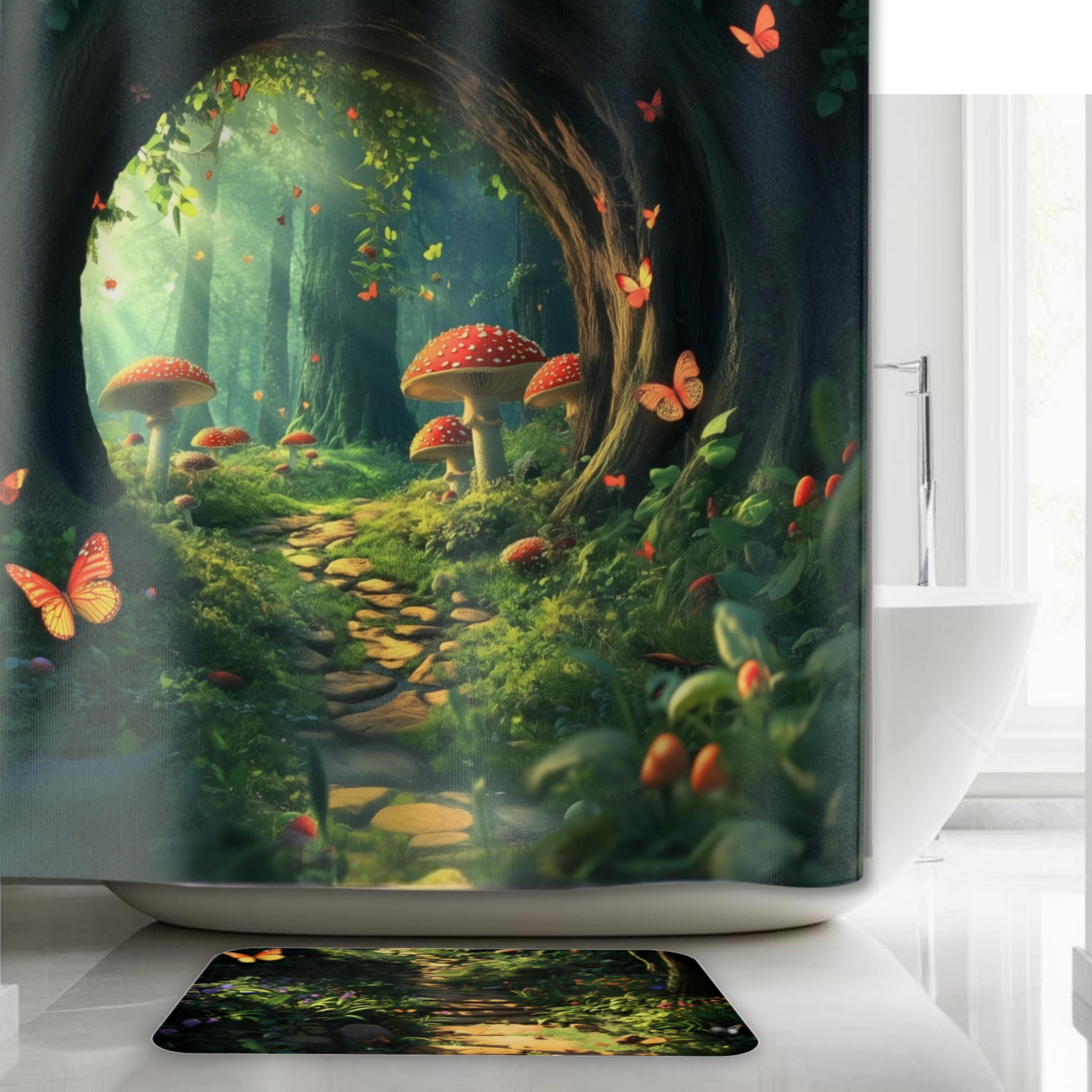 Enchanting Forest Shower Curtain & Bath Mat: Whimsical Nature Decor for Boho Bathrooms - Sold Separately