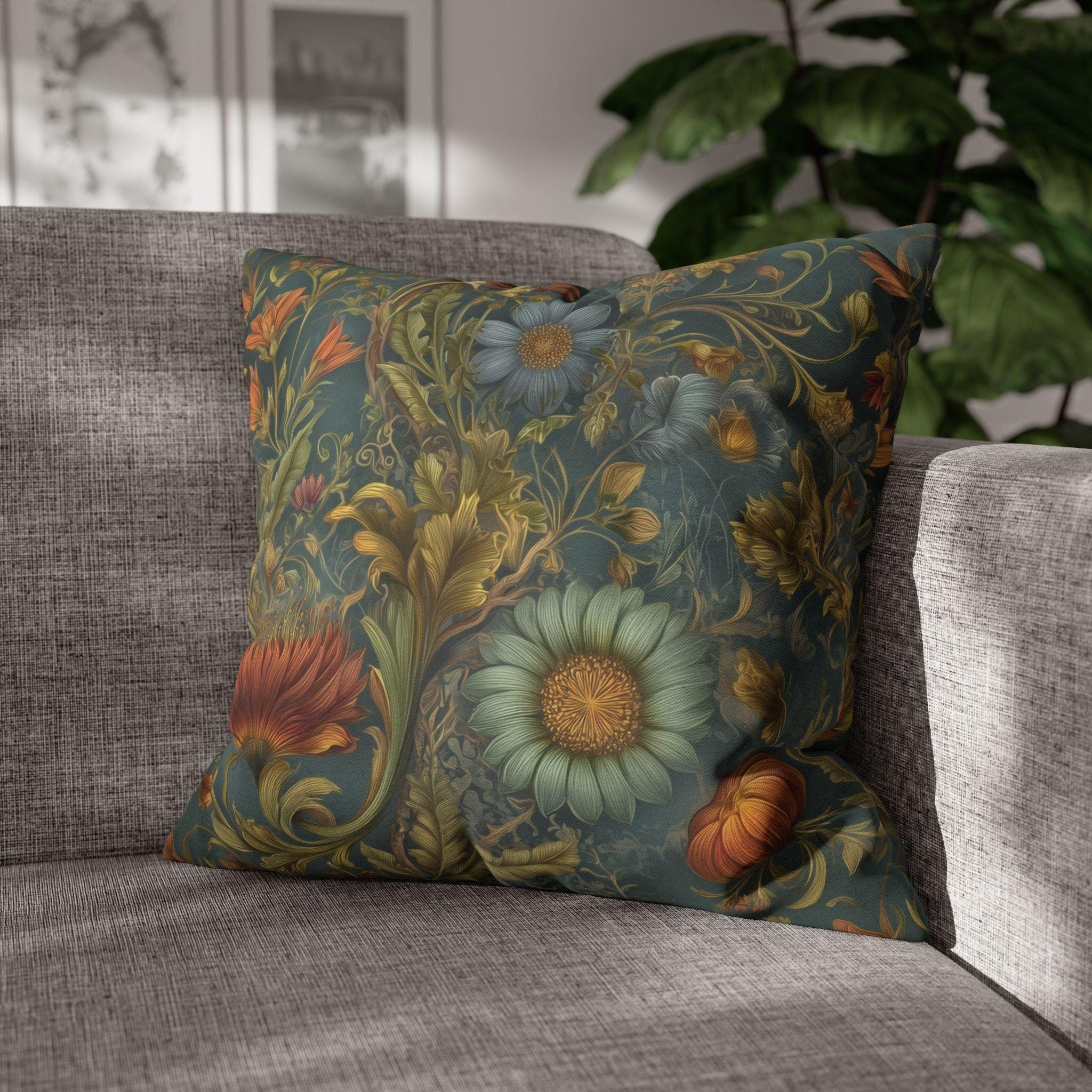 William Morris Inspired Throw Pillow Cover: Moody Teal Botanical Floral