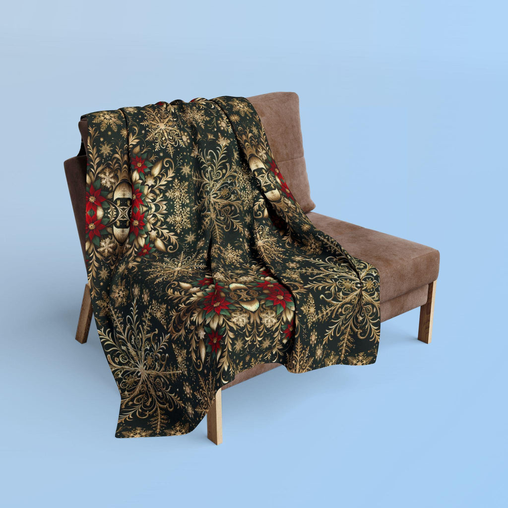 Elegant Golden Snowflake Poinsettia Fleece Blanket: Christmas Decor & Cozy Winter Gift