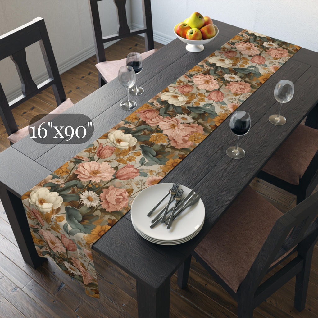 William Morris Inspired Botanical Table Runner: Dusty Rose, Sage, Ochre Autumn Accent