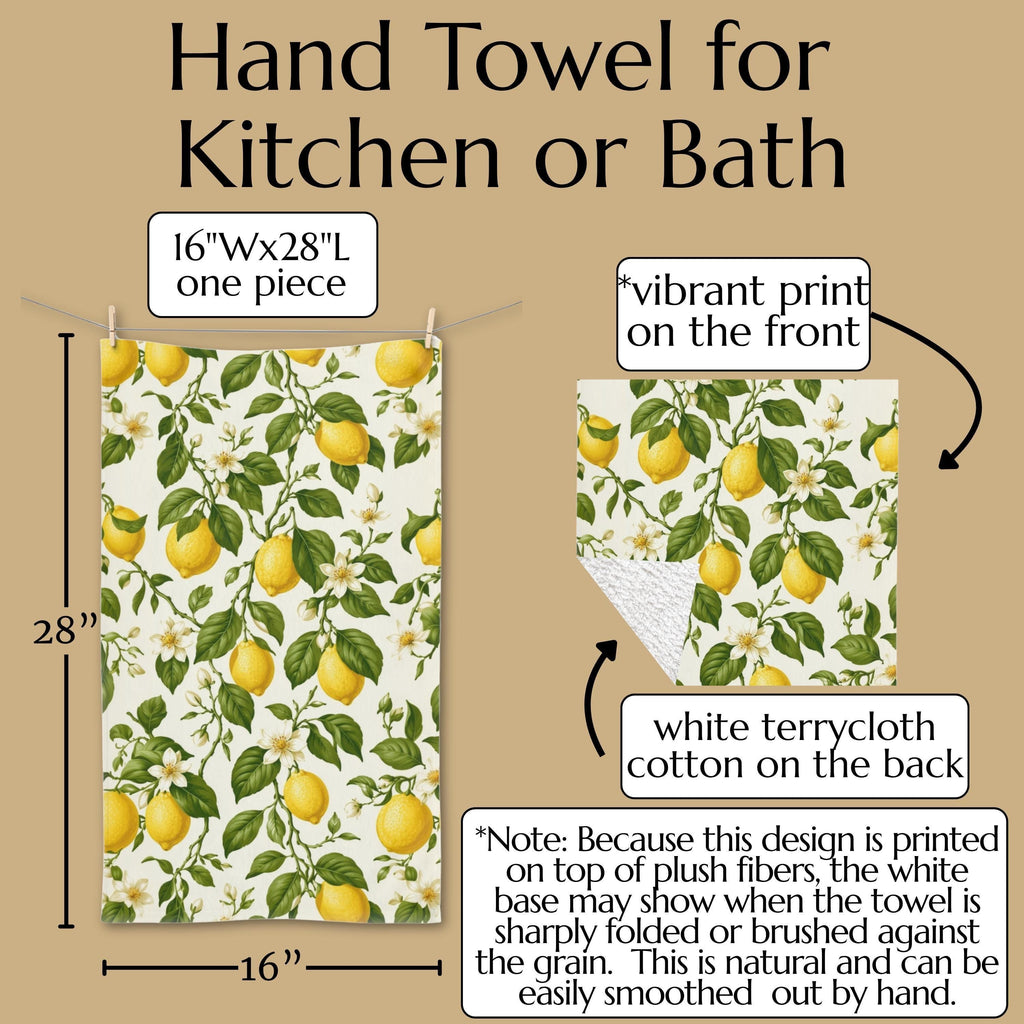 Lemon Hand Towel: with Green Leaves and Florals on a Creamy White Background
