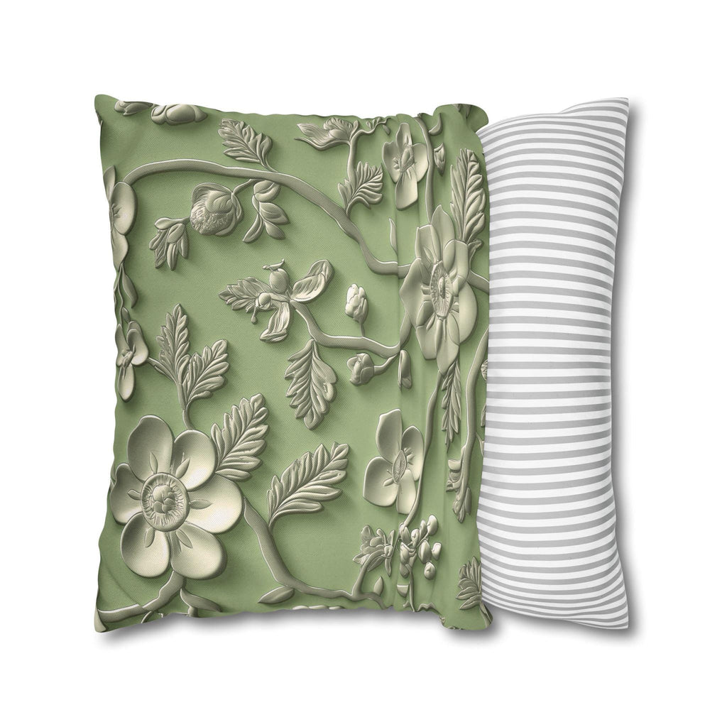 Elegant Chinoiserie Floral Pillow Cover: Green & Tan Pottery-Inspired Design for Timeless Asian Decor