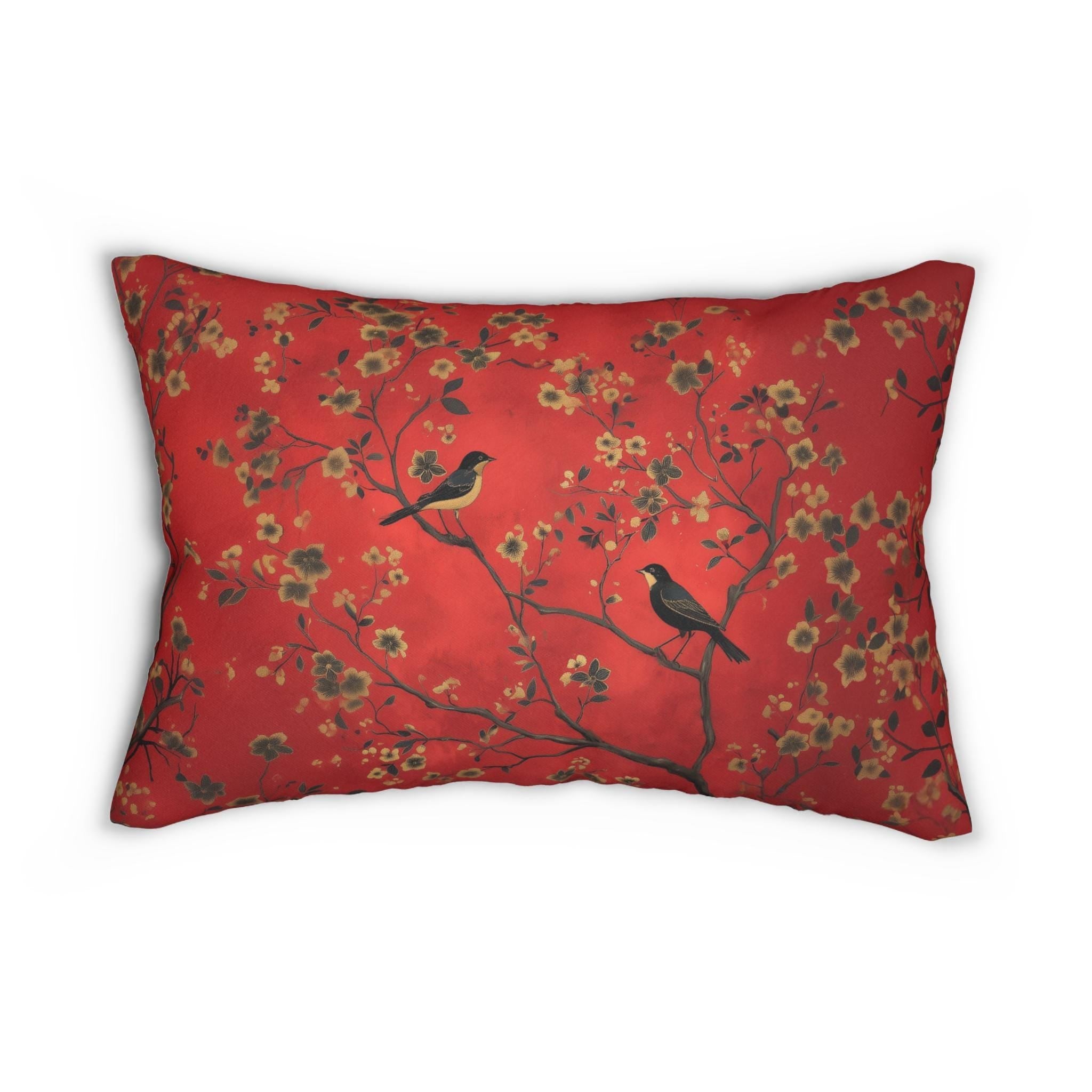 Elegant Chinoiserie Bird Lumbar Pillow: Vintage-Inspired Crimson, Black & Gold Floral Cushion Cover