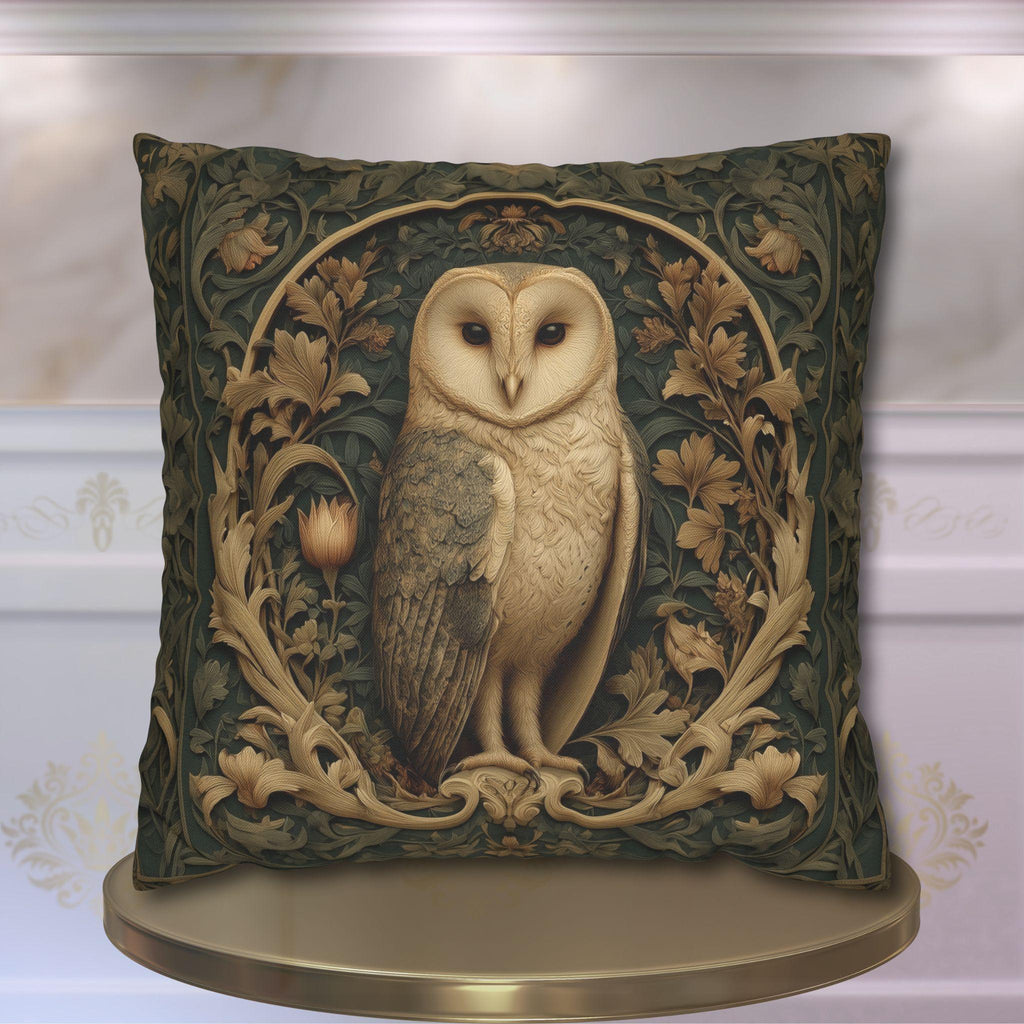 William Morris Style Pillow Cover: Woodland Owl in Moss Green & Antique Gold