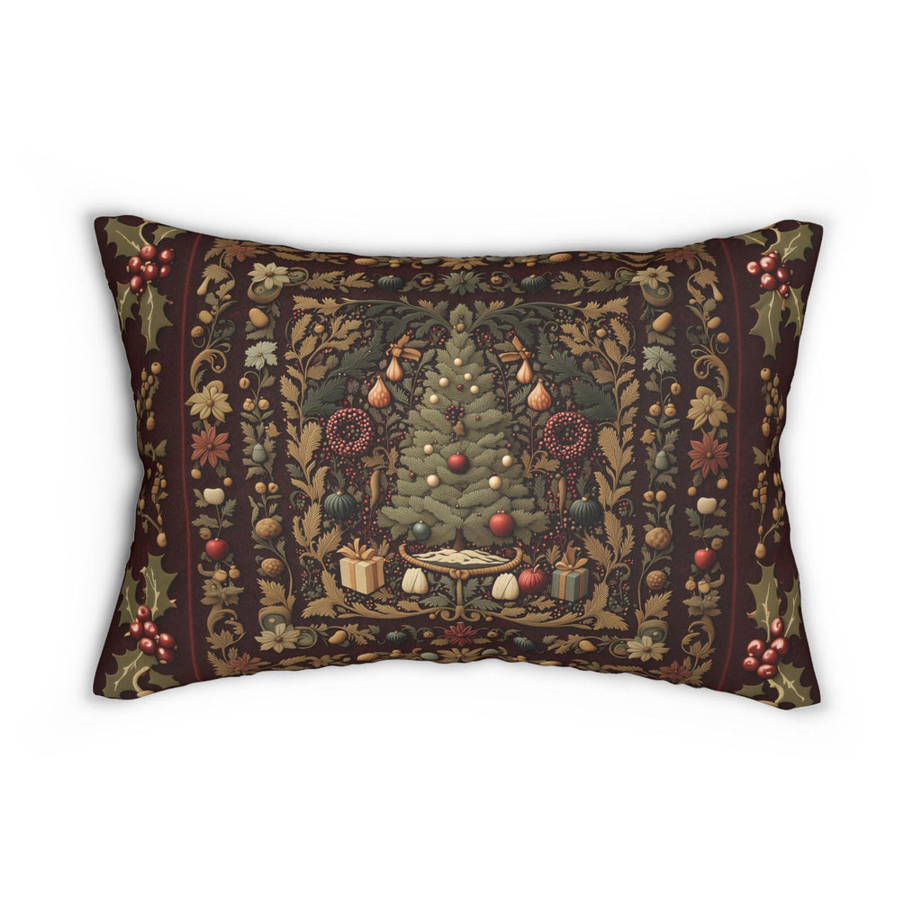 William Morris Christmas Tree Lumbar Pillow: Burgundy Holiday Tapestry Look