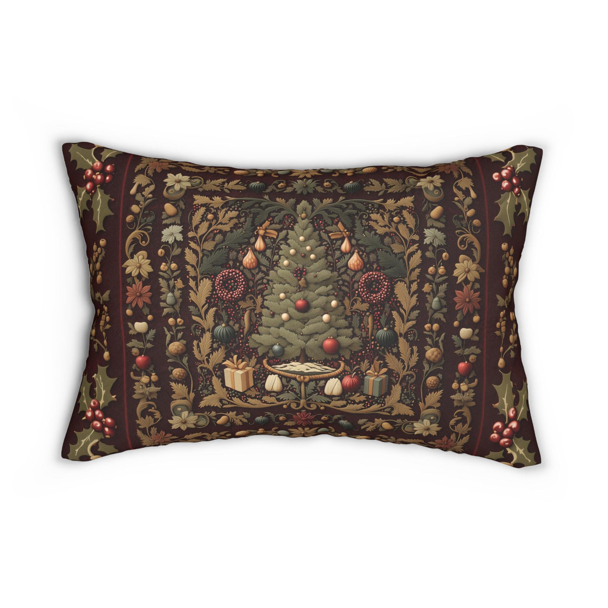 William Morris Christmas Tree Lumbar Pillow: Burgundy Holiday Tapestry Look
