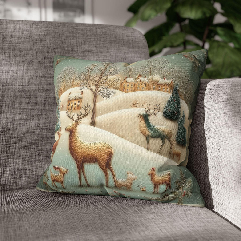 Whimsical Woodland Christmas Pillow Cover: Storybook Deer & Snowy Village