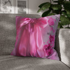 Romantic Coquette Pillow Cover: Pink Satin Bow Image & Floral Accents for Feminine Bedroom Decor