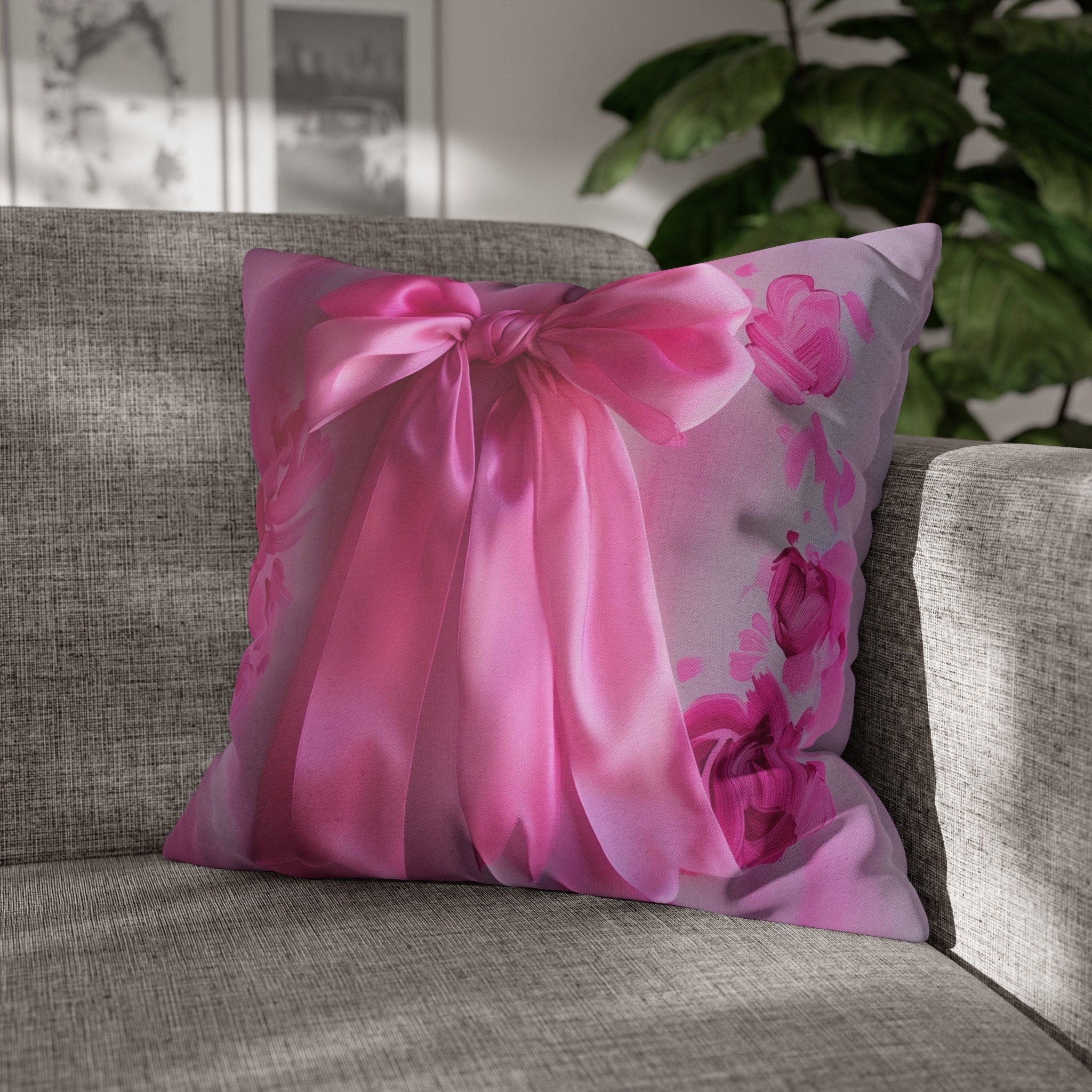 Romantic Coquette Pillow Cover: Pink Satin Bow Image & Floral Accents for Feminine Bedroom Decor
